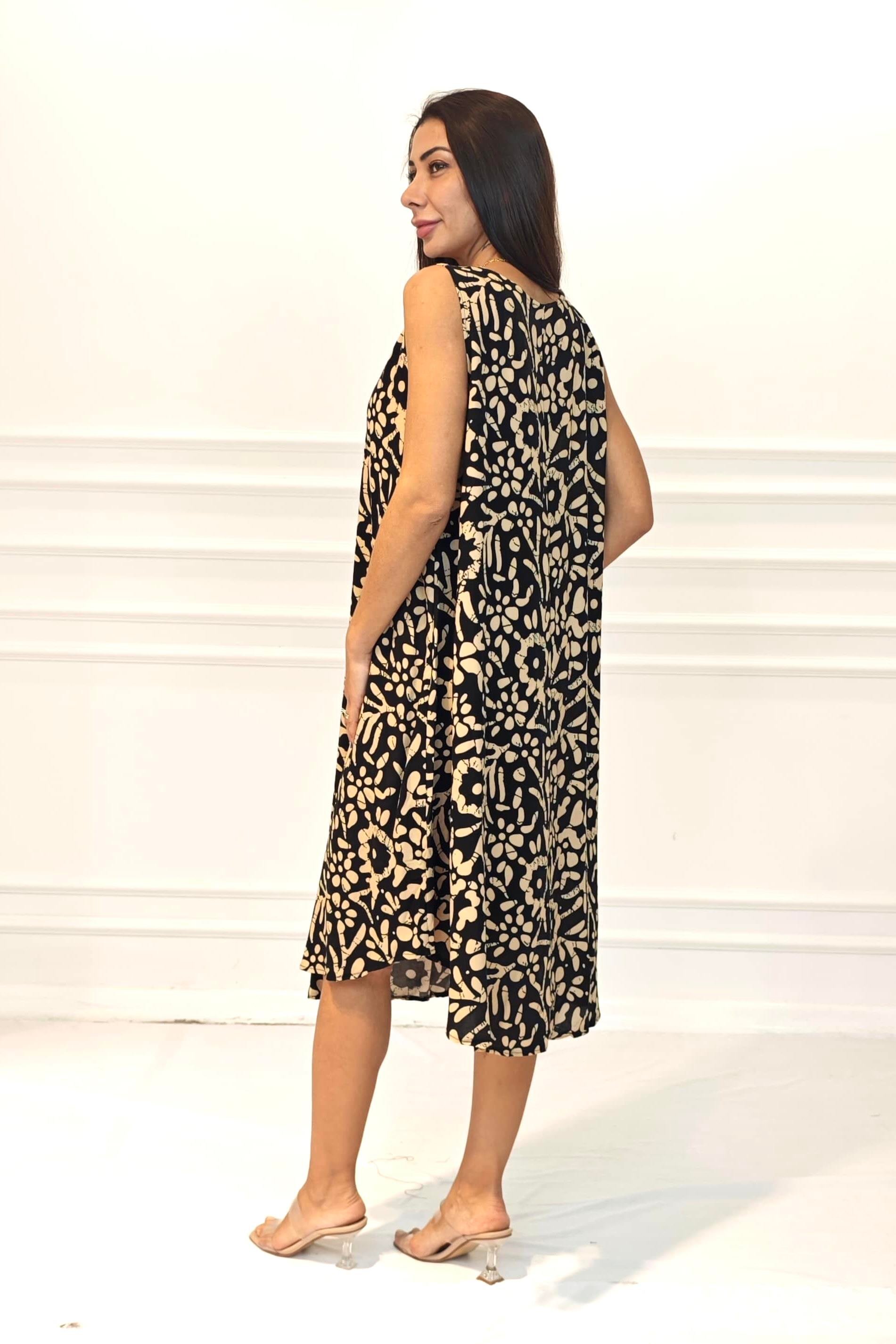 Siyah Bej Desenli U Yaka Askılı Midi Elbise