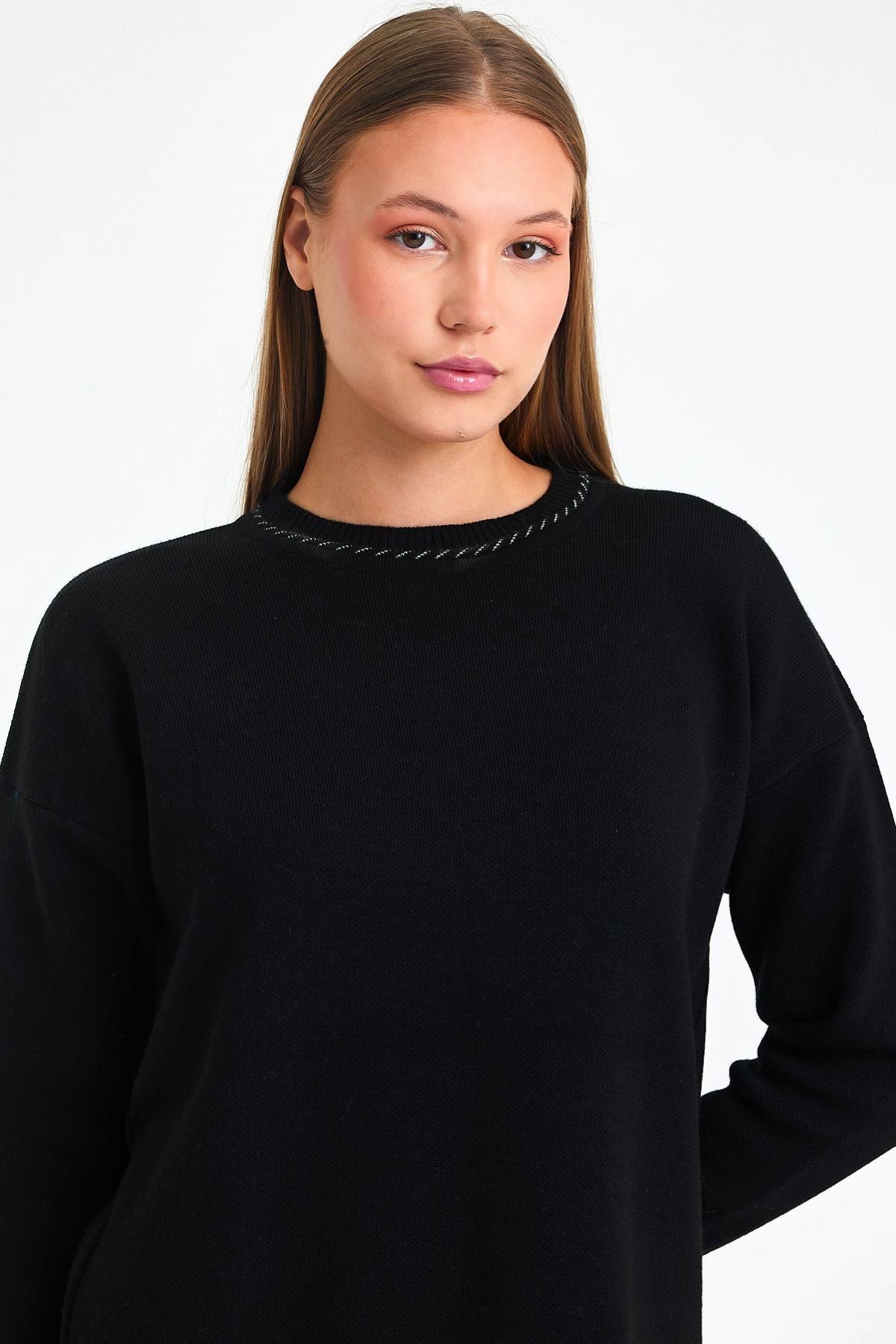 Siyah Bisiklet Yaka Tunik Pantolon Triko Alt Üst Takım