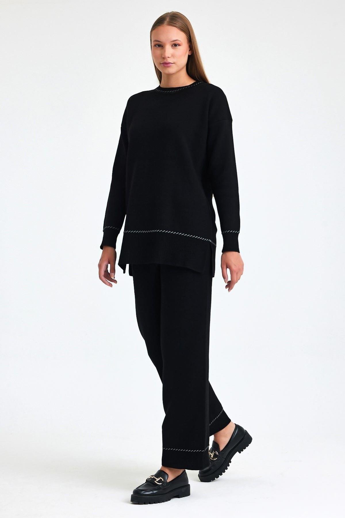 Siyah Bisiklet Yaka Tunik Pantolon Triko Alt Üst Takım