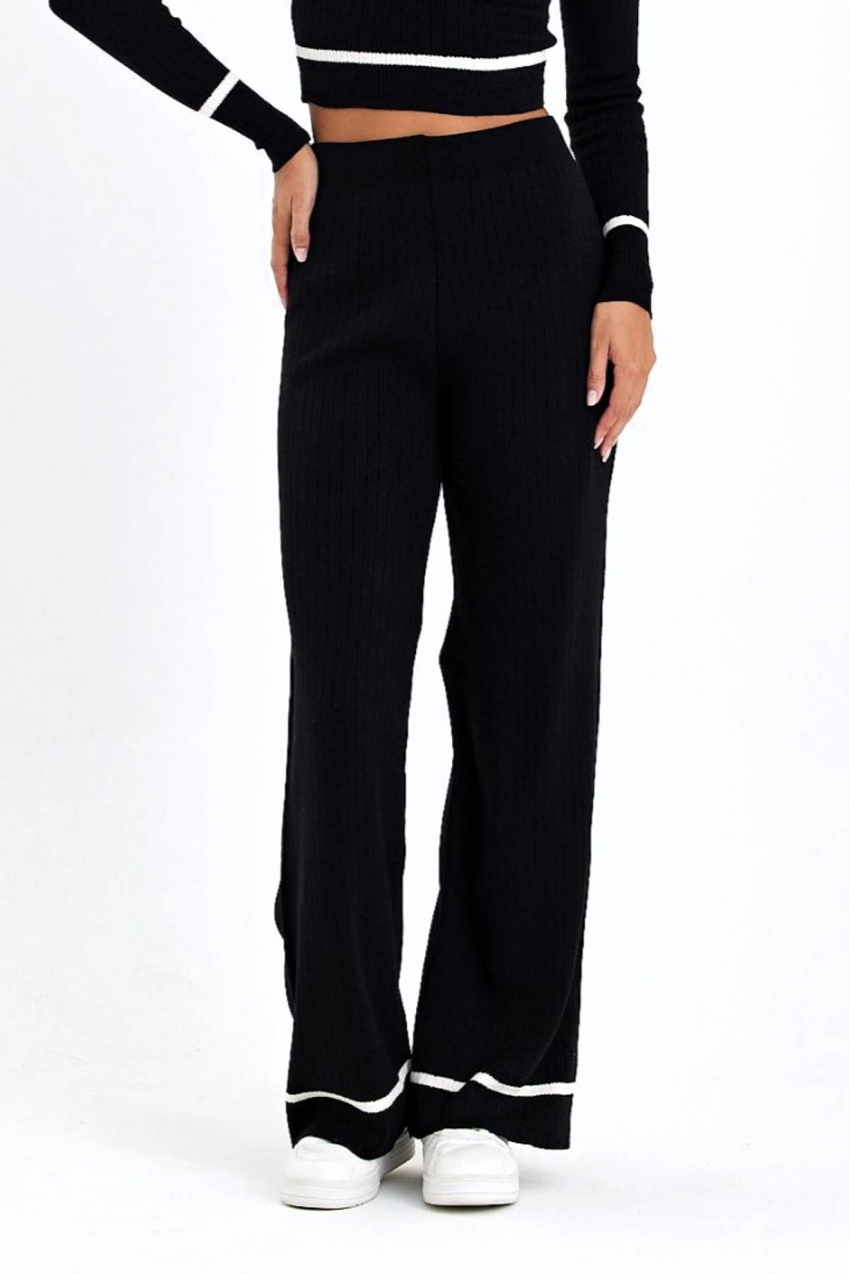 Siyah Crop Çizgi Detaylı Tunik Pantolon İkili Triko Alt Üst Takım