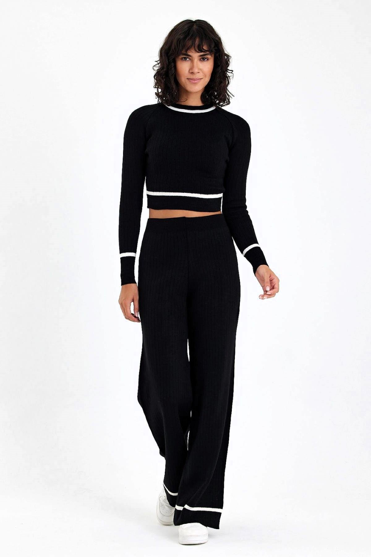 Siyah Crop Çizgi Detaylı Tunik Pantolon İkili Triko Alt Üst Takım