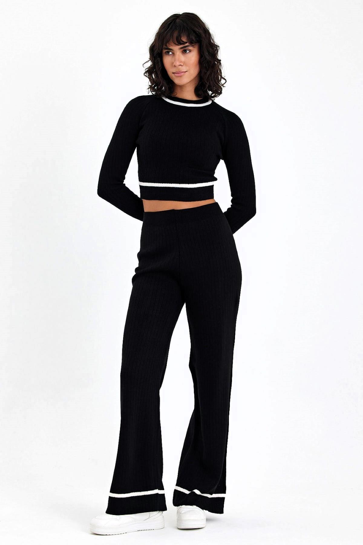Siyah Crop Çizgi Detaylı Tunik Pantolon İkili Triko Alt Üst Takım