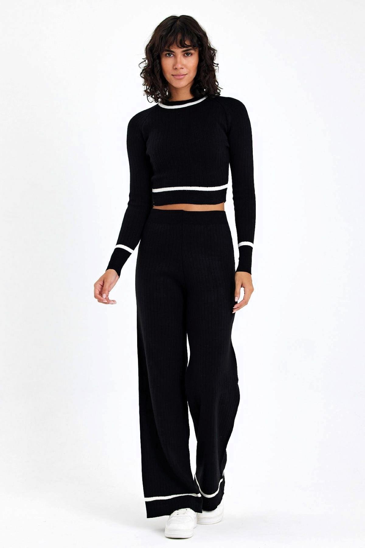 Siyah Crop Çizgi Detaylı Tunik Pantolon İkili Triko Alt Üst Takım
