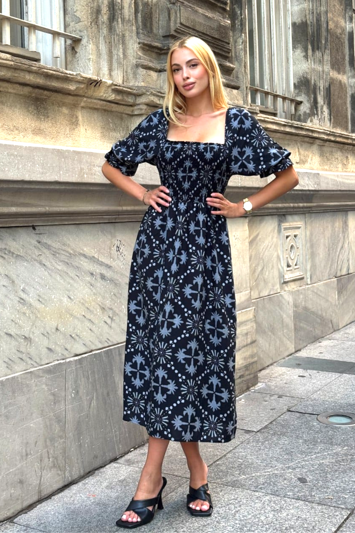 Siyah Desenl Karpuz Kol Gipeli Uzun Elbise