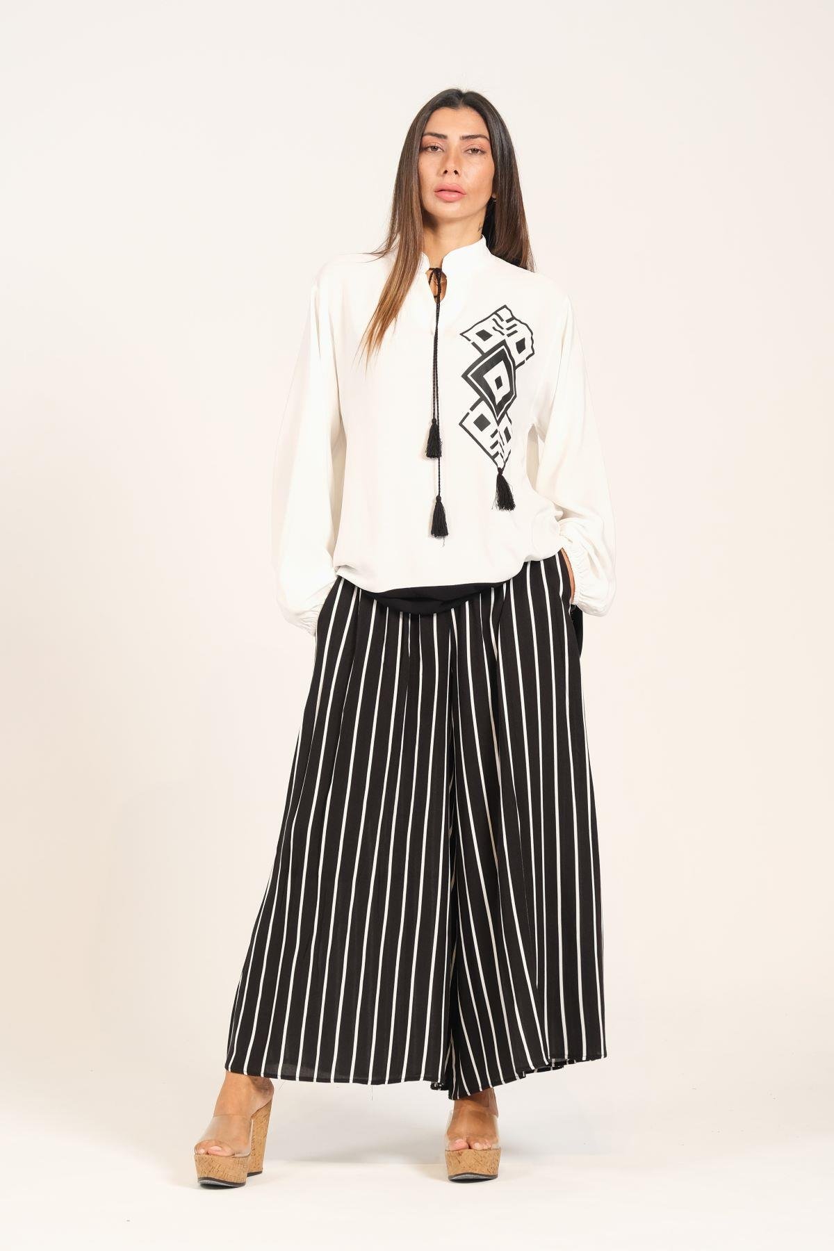 Siyah Desenli Püsküllü Pantolonu Çizgili Cepli Tunik Pantolon İkili Takım