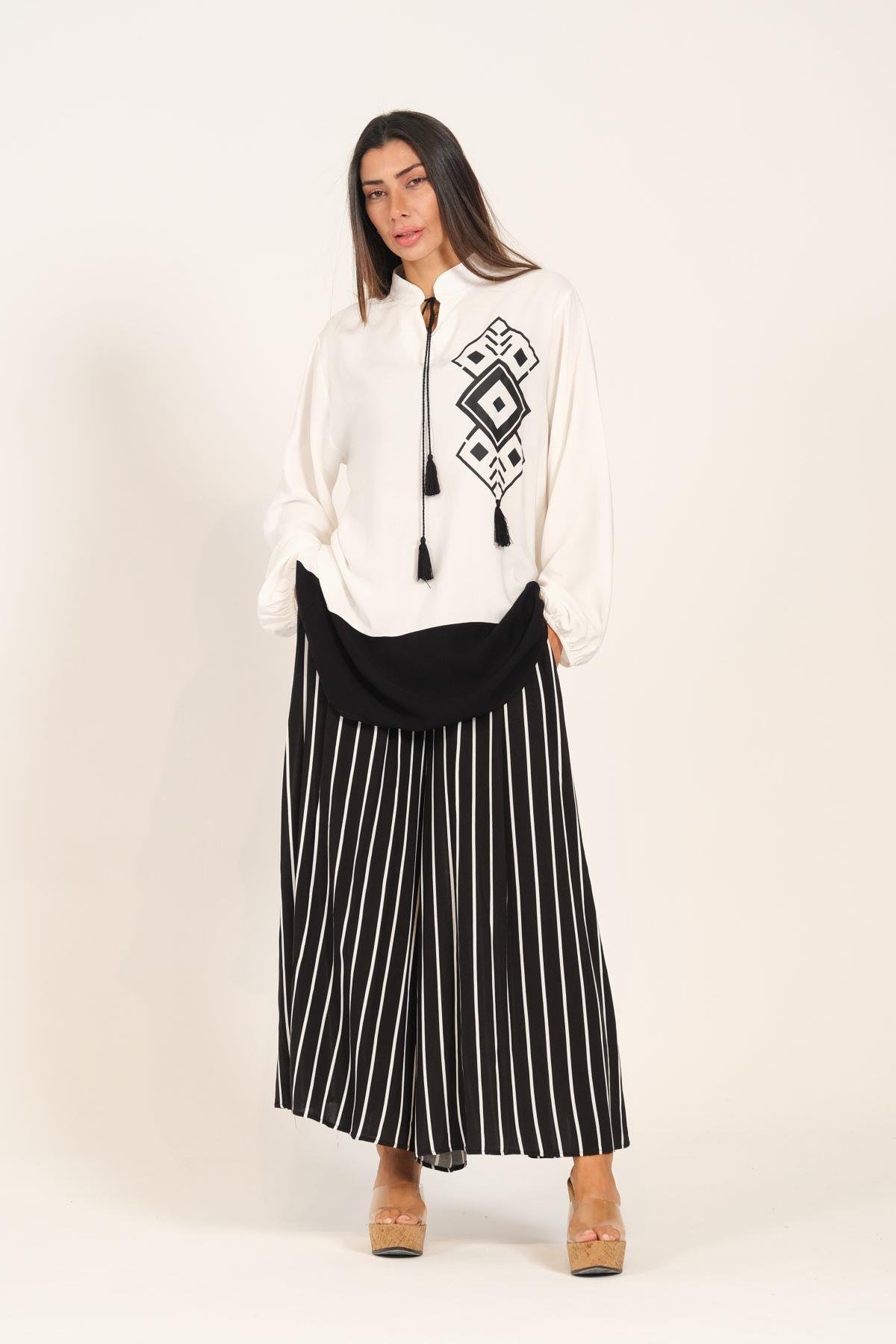 Siyah Desenli Püsküllü Pantolonu Çizgili Cepli Tunik Pantolon İkili Takım