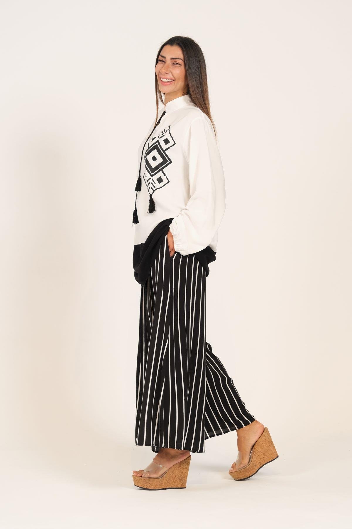 Siyah Desenli Püsküllü Pantolonu Çizgili Cepli Tunik Pantolon İkili Takım