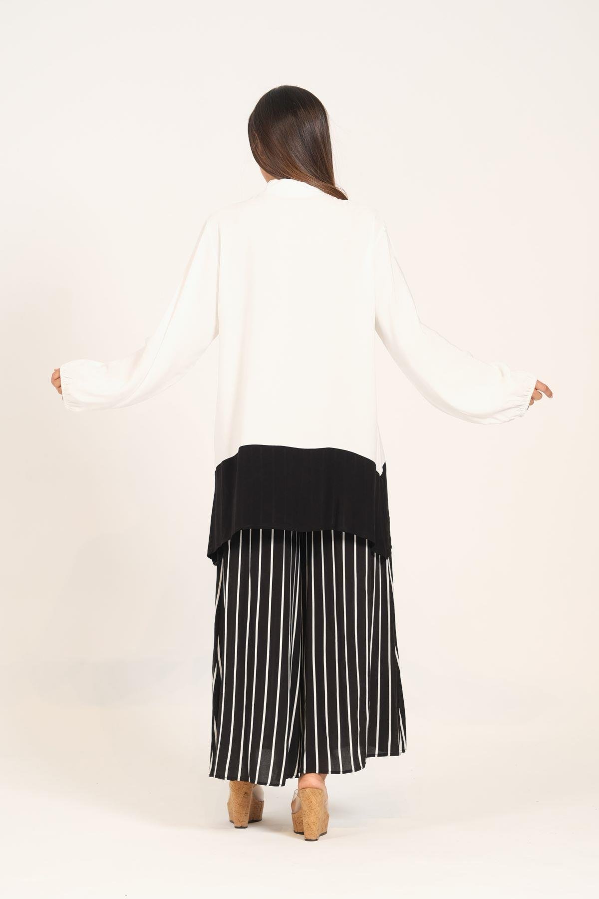 Siyah Desenli Püsküllü Pantolonu Çizgili Cepli Tunik Pantolon İkili Takım