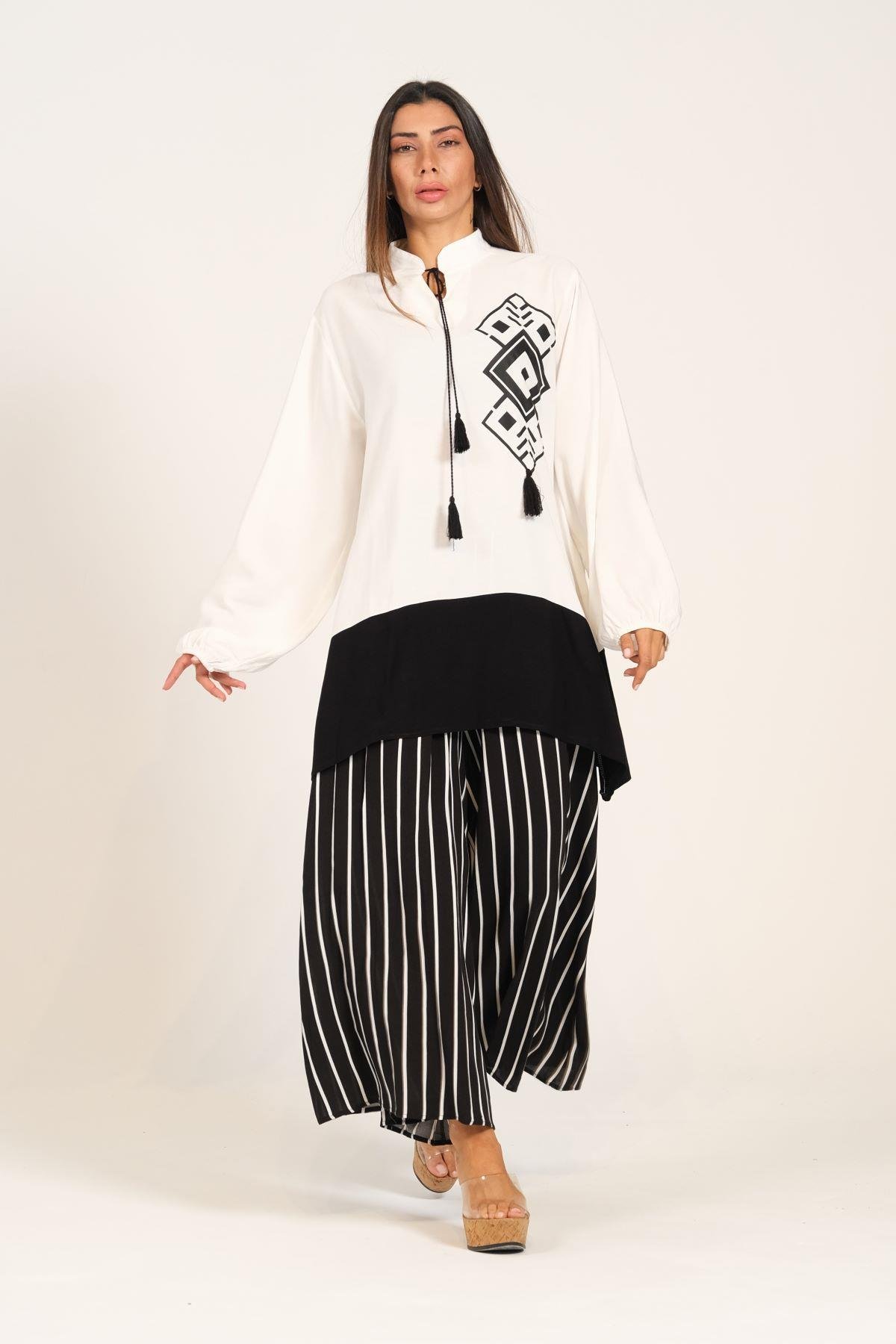 Siyah Desenli Püsküllü Pantolonu Çizgili Cepli Tunik Pantolon İkili Takım