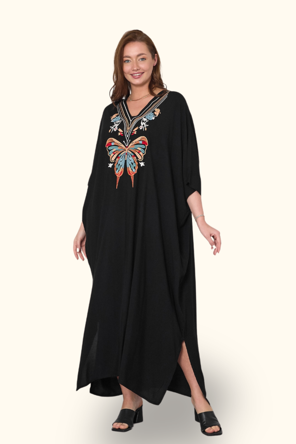 Siyah V Yaka Kelebek Nakışlı Cepli Oversize Uzun Elbise
