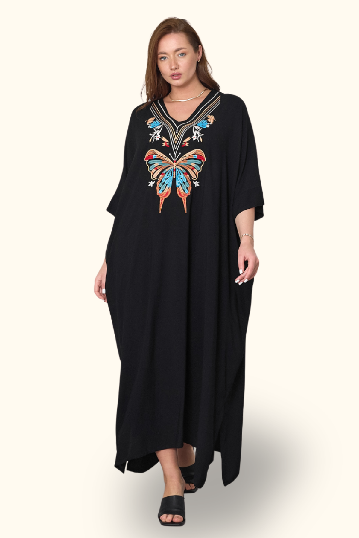 Siyah V Yaka Kelebek Nakışlı Cepli Oversize Uzun Elbise