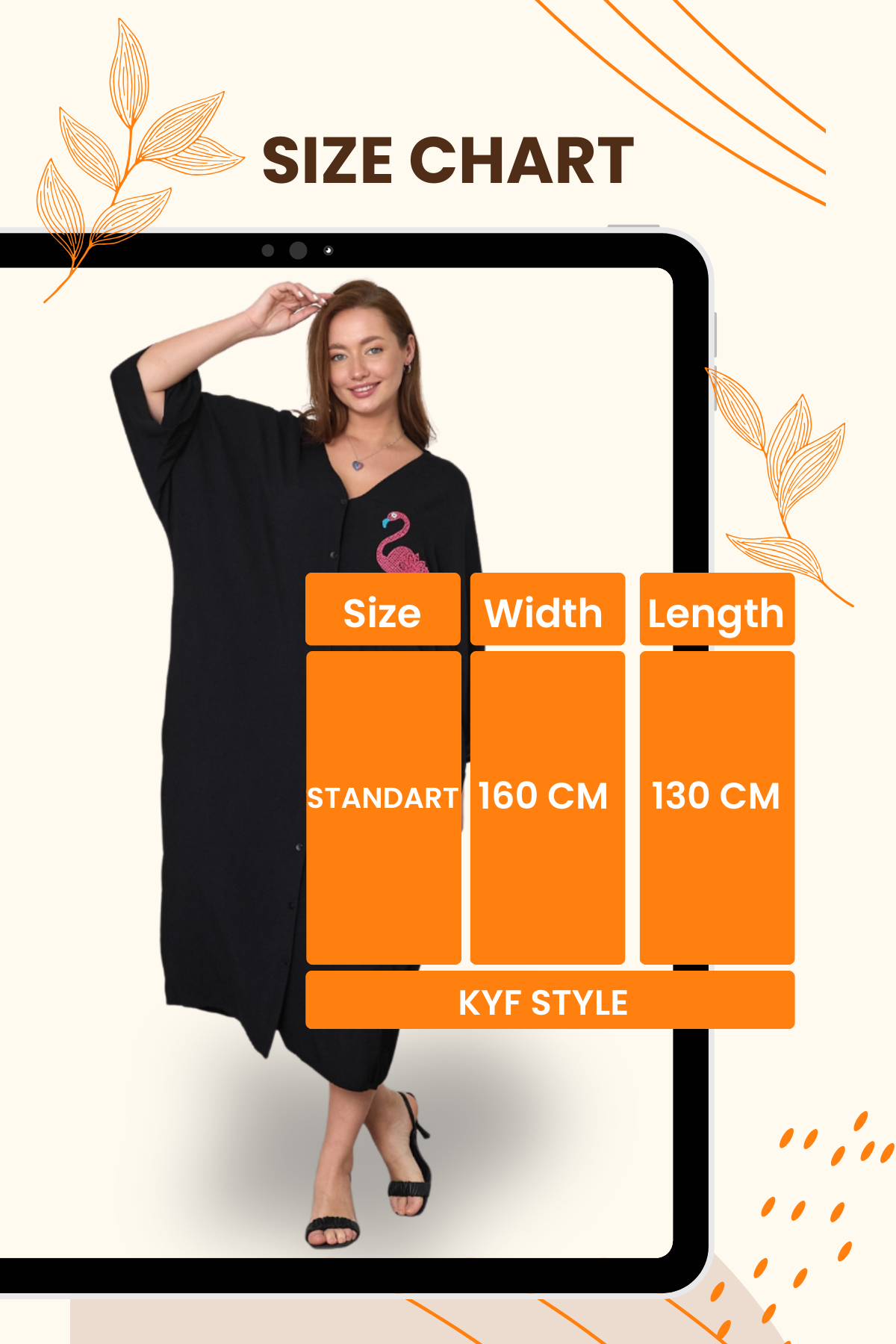 Siyah V Yaka Önü ve Sırtı Flamingo Nakışlı Cepli Oversize Uzun Gömlek Elbise