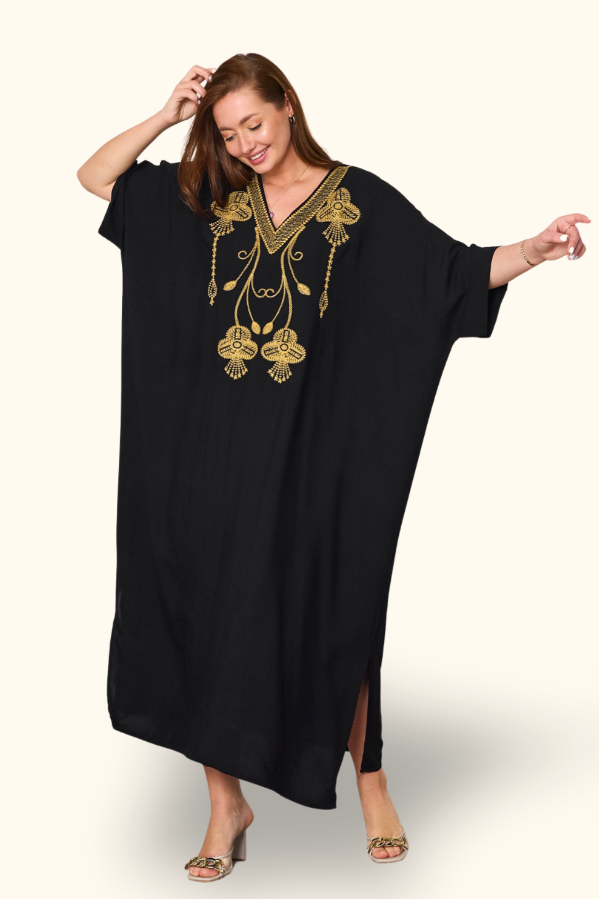 Siyah V Yaka Otantik Nakışlı Cepli Oversize Uzun Elbise