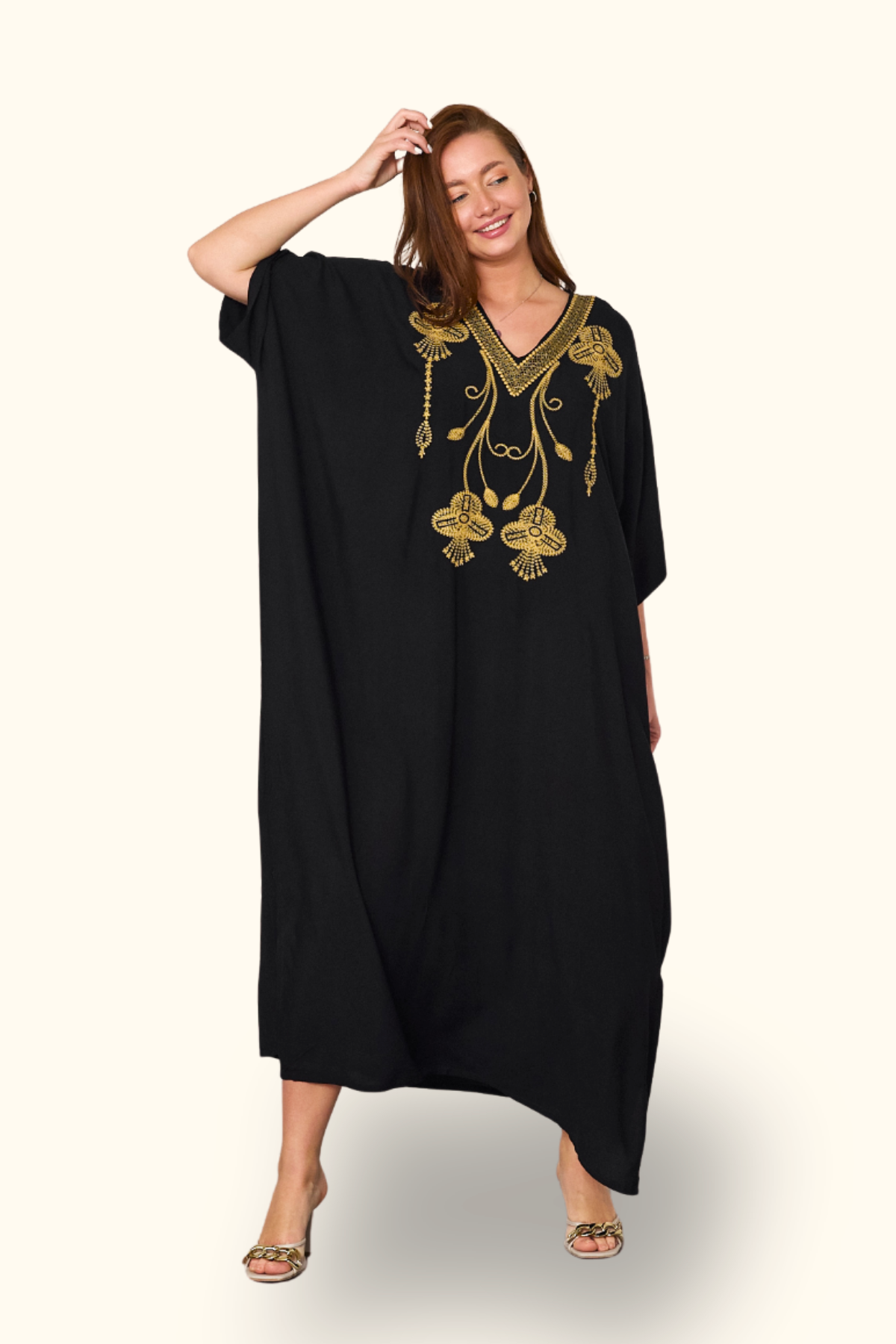 Siyah V Yaka Otantik Nakışlı Cepli Oversize Uzun Elbise