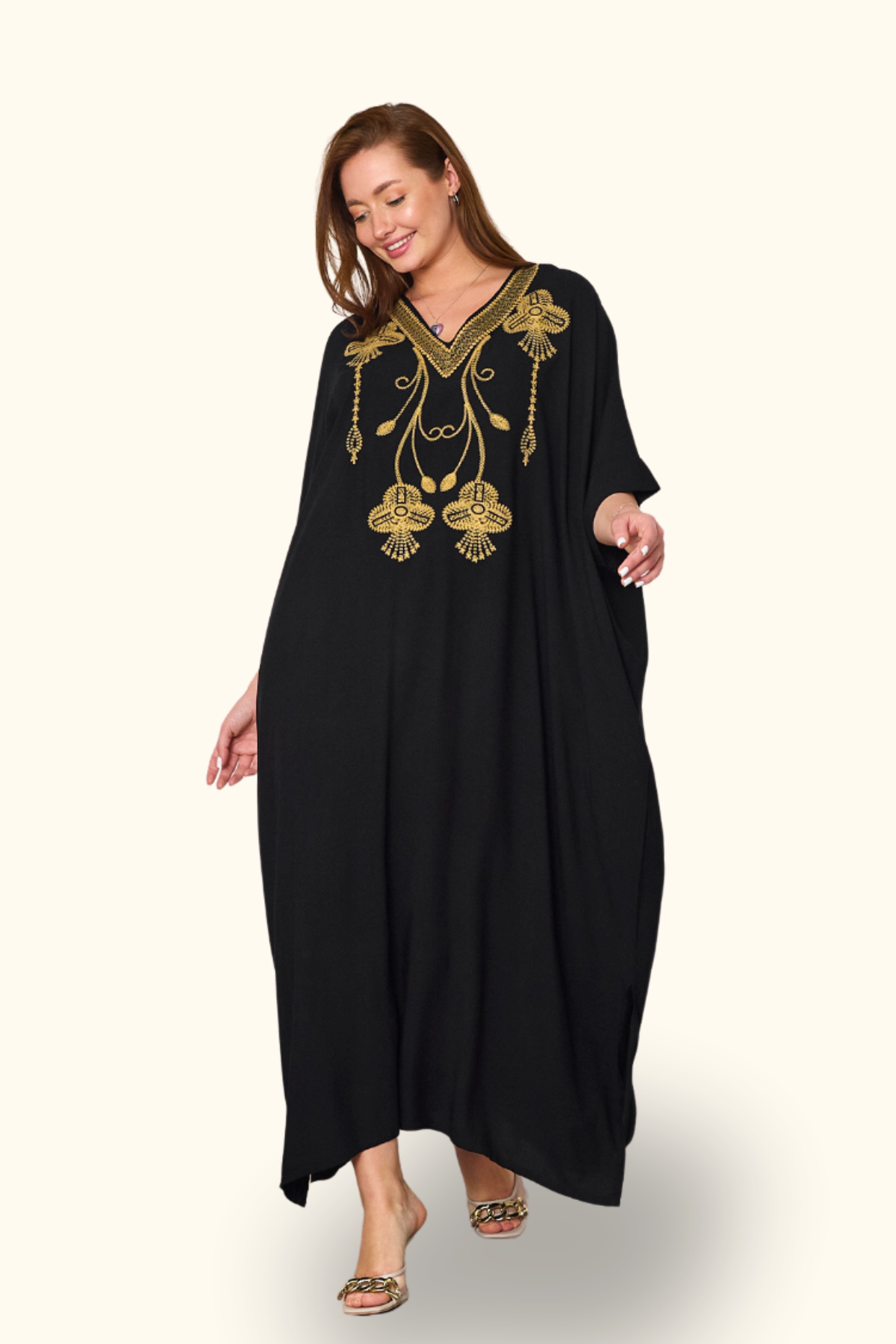 Siyah V Yaka Otantik Nakışlı Cepli Oversize Uzun Elbise
