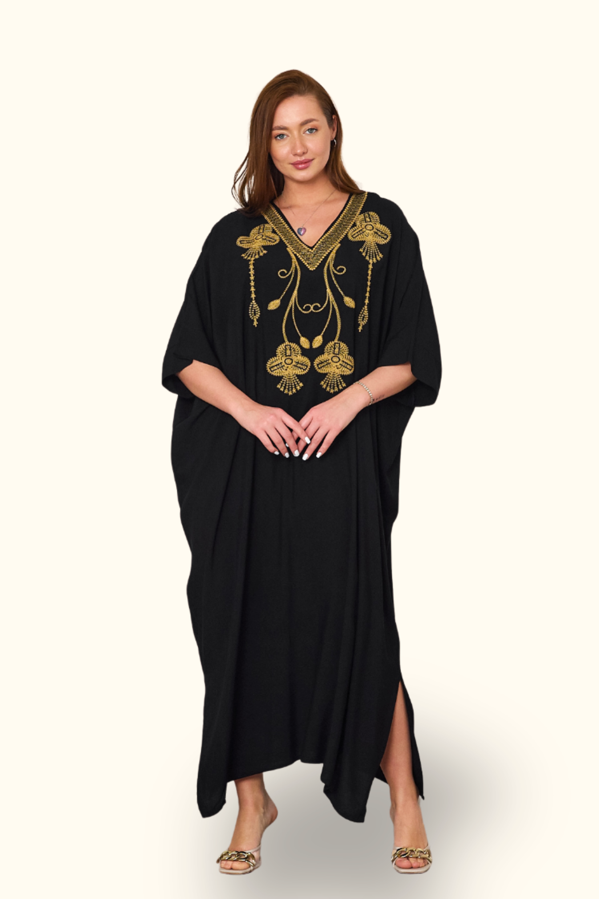 Siyah V Yaka Otantik Nakışlı Cepli Oversize Uzun Elbise