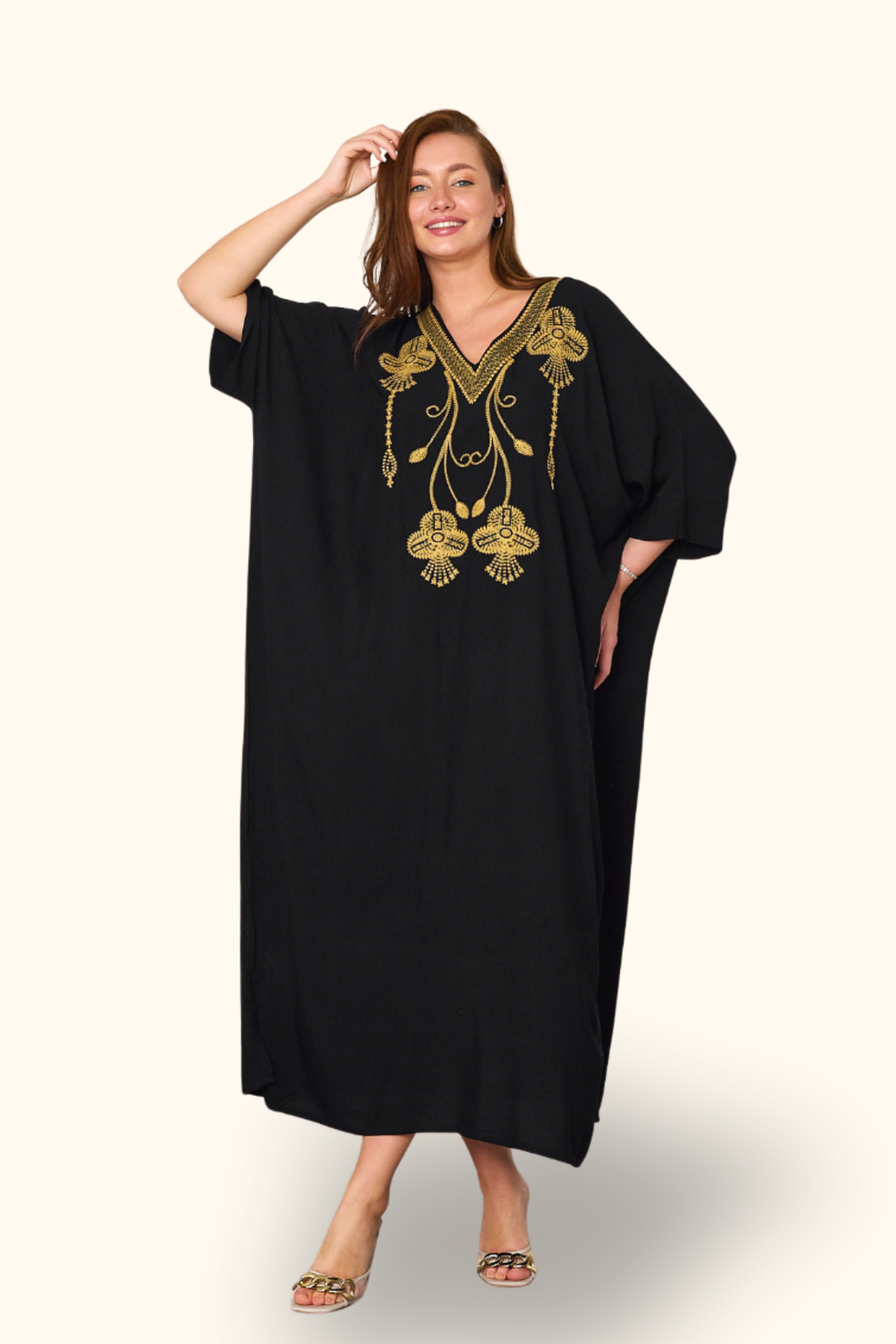 Siyah V Yaka Otantik Nakışlı Cepli Oversize Uzun Elbise