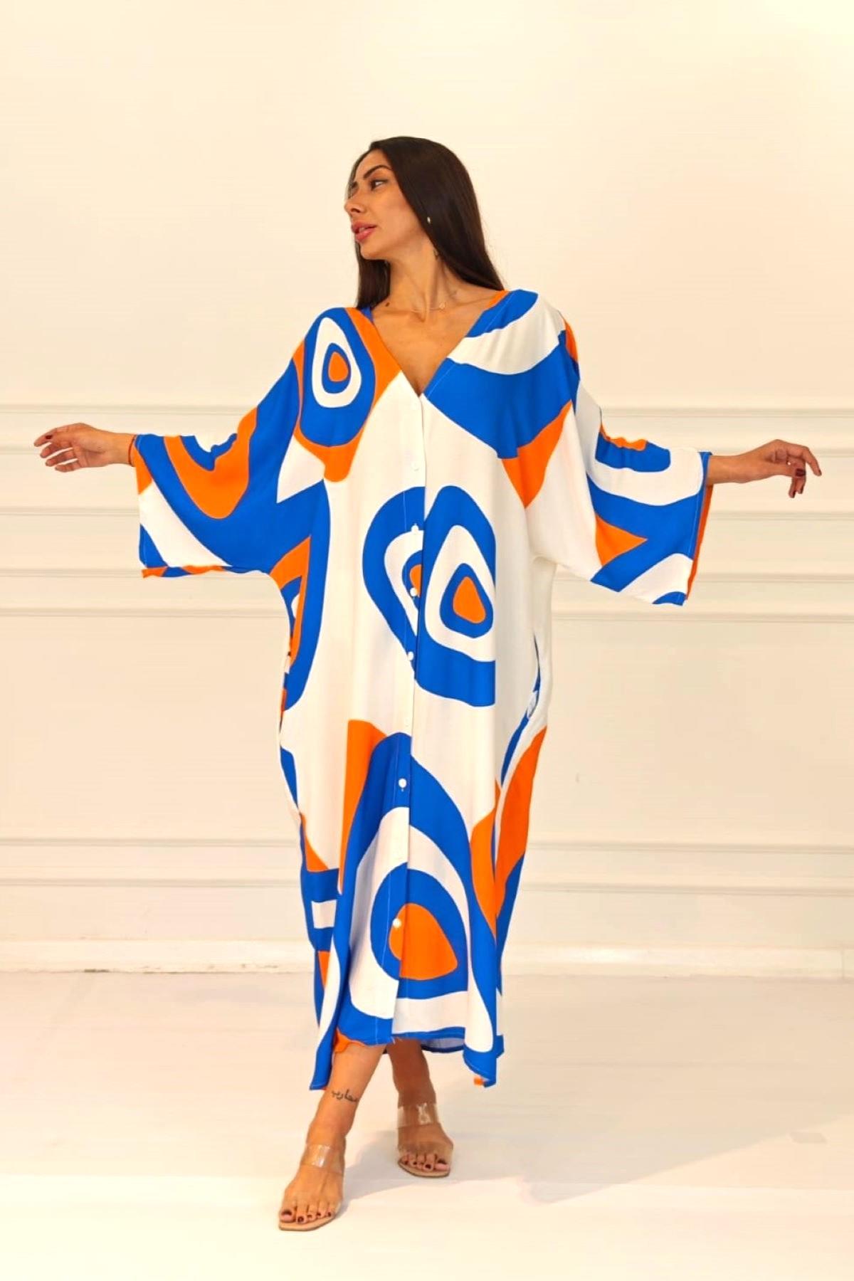 Turuncu Desenli Sırtı Göz Baskılı Cepli Oversize Uzun Gömlek Elbise