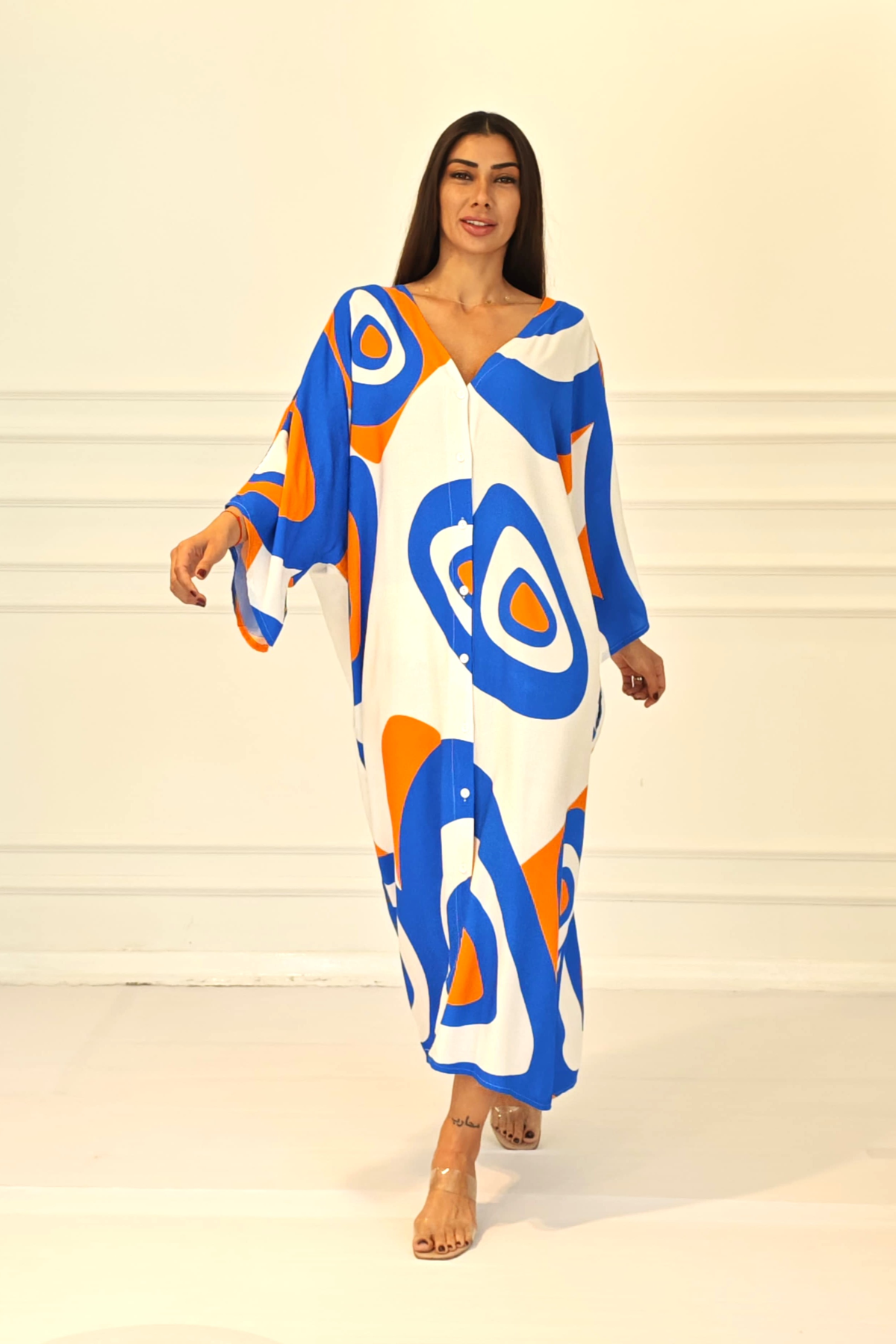 Turuncu Desenli Sırtı Göz Baskılı Cepli Oversize Uzun Gömlek Elbise