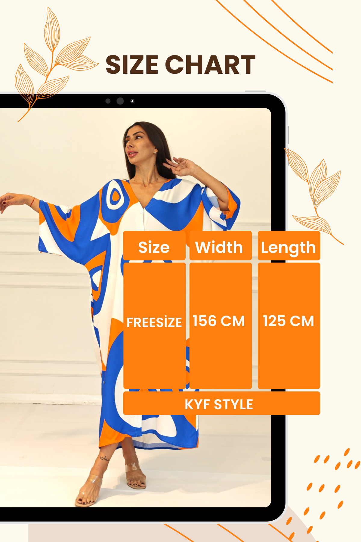 Turuncu Desenli Sırtı Göz Baskılı Cepli Oversize Uzun Gömlek Elbise