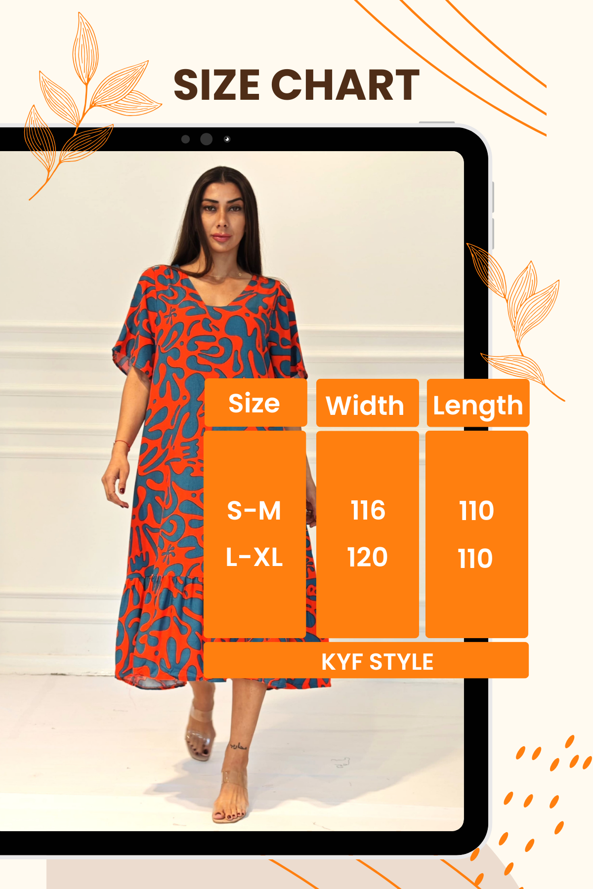 Turuncu Desenli V Yaka Cepli Etekleri Fırıfırlı Midi Elbise