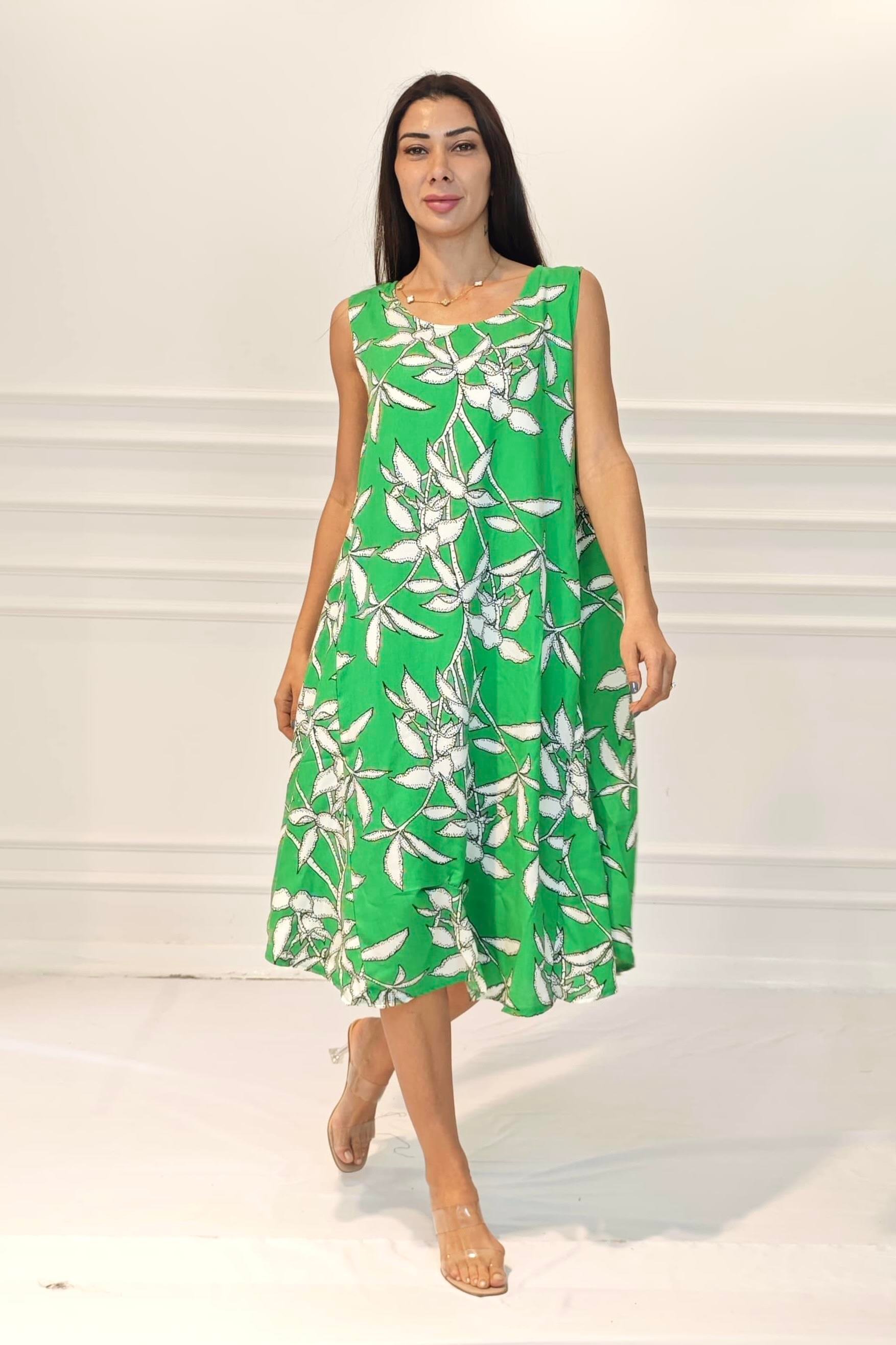 Yeşil Çiçekli U Yaka Askılı Midi Elbise