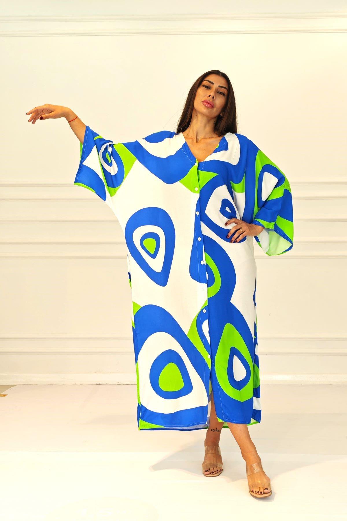 Yeşil Desenli Sırtı Göz Baskılı Cepli Oversize Uzun Gömlek Elbise