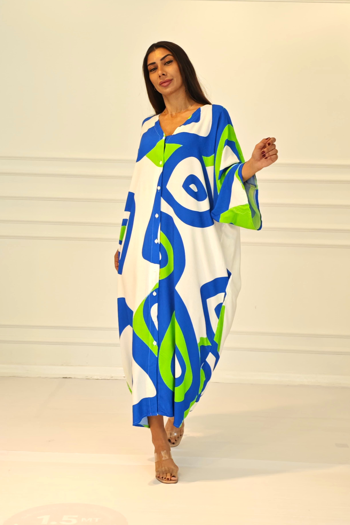 Yeşil Desenli Sırtı Göz Baskılı Cepli Oversize Uzun Gömlek Elbise