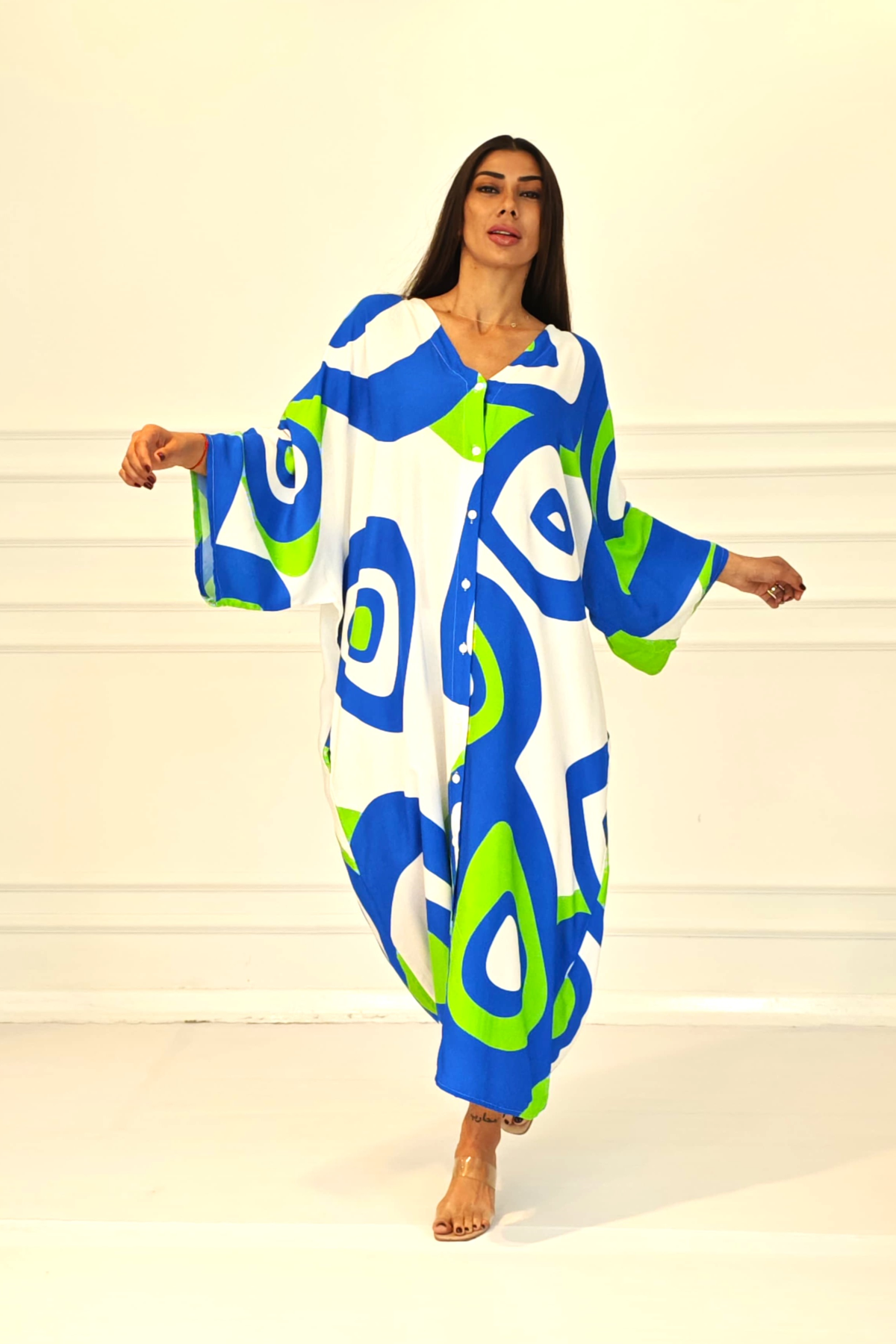 Yeşil Desenli Sırtı Göz Baskılı Cepli Oversize Uzun Gömlek Elbise