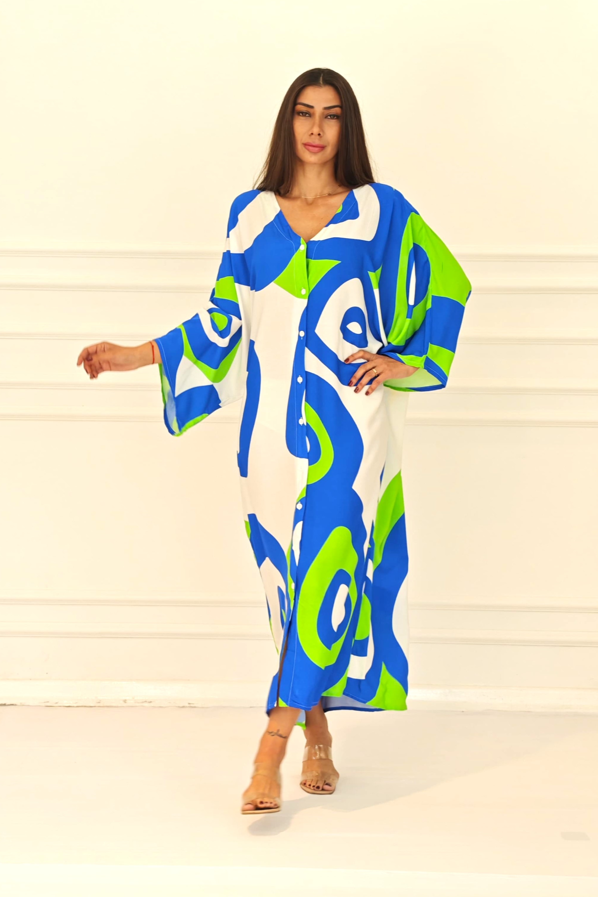 Yeşil Desenli Sırtı Göz Baskılı Cepli Oversize Uzun Gömlek Elbise