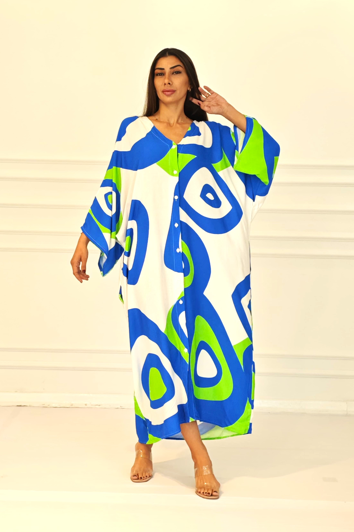 Yeşil Desenli Sırtı Göz Baskılı Cepli Oversize Uzun Gömlek Elbise