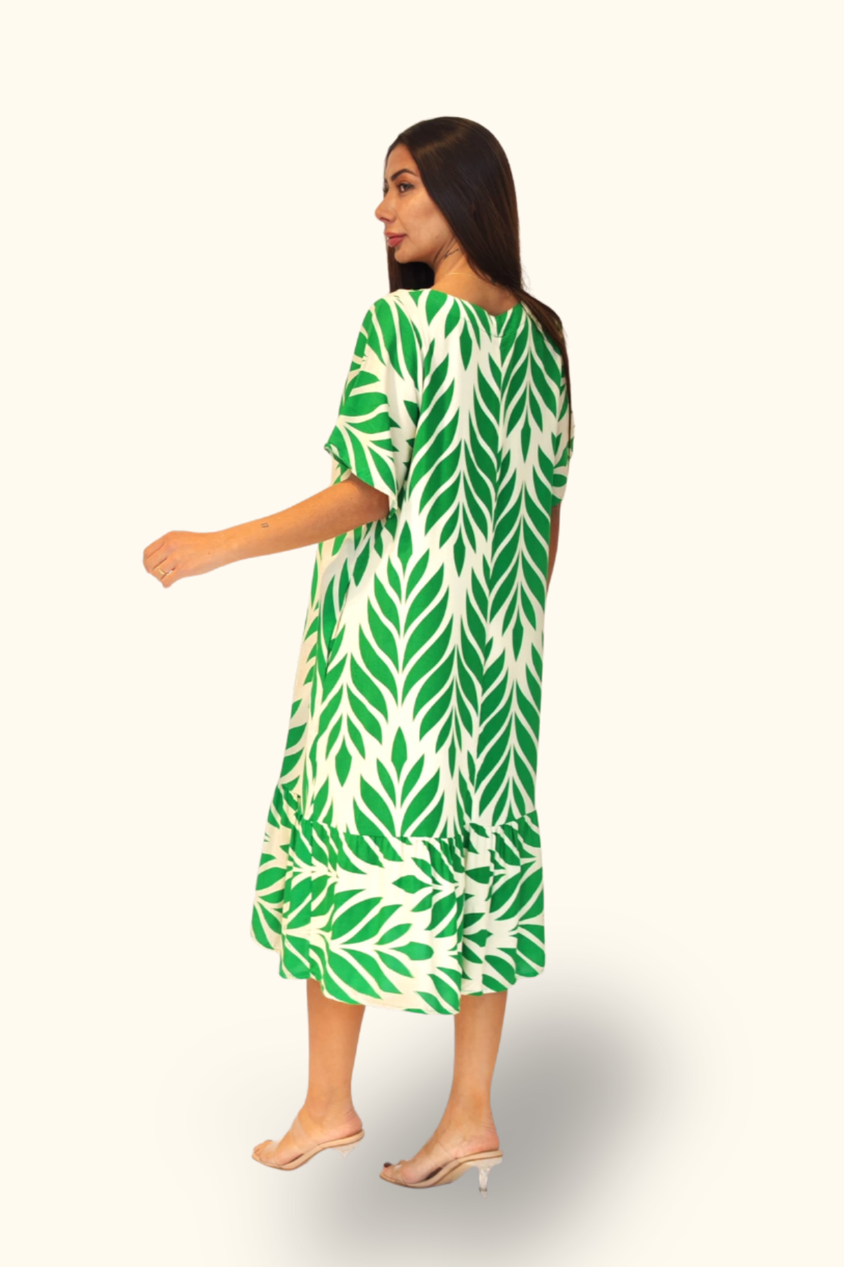 Yeşil Desenli V Yaka Cepli Etekleri Fırıfırlı Midi Elbise