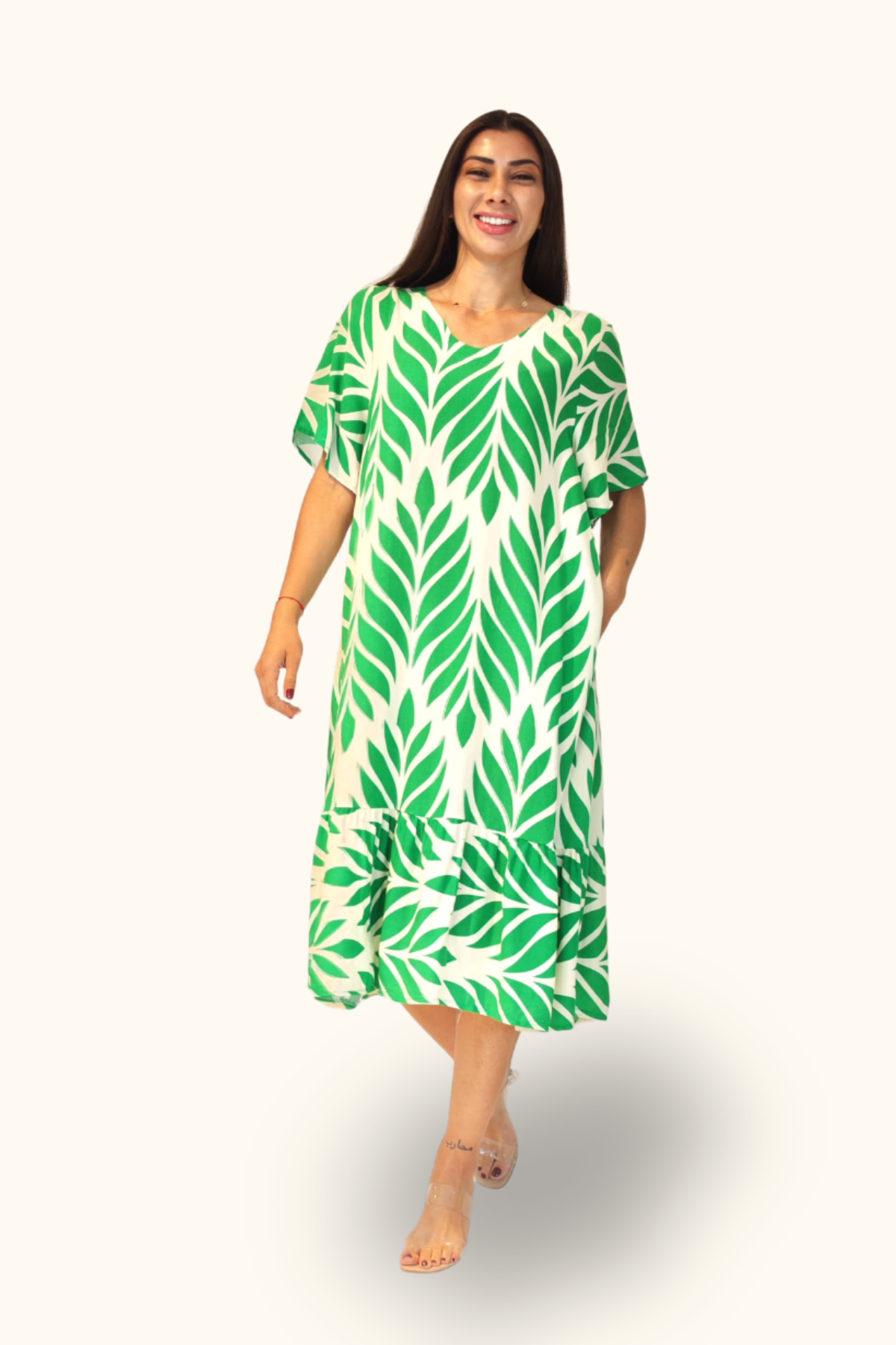 Yeşil Desenli V Yaka Cepli Etekleri Fırıfırlı Midi Elbise