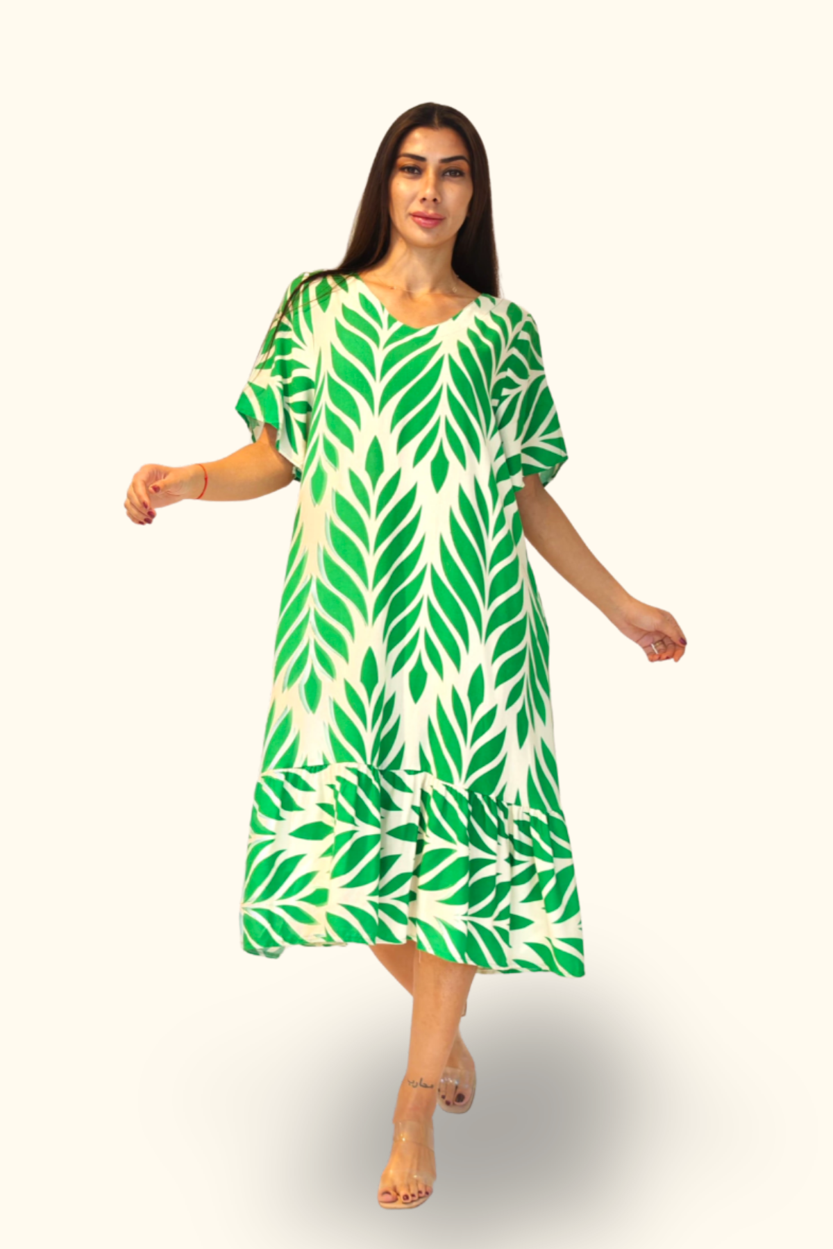 Yeşil Desenli V Yaka Cepli Etekleri Fırıfırlı Midi Elbise