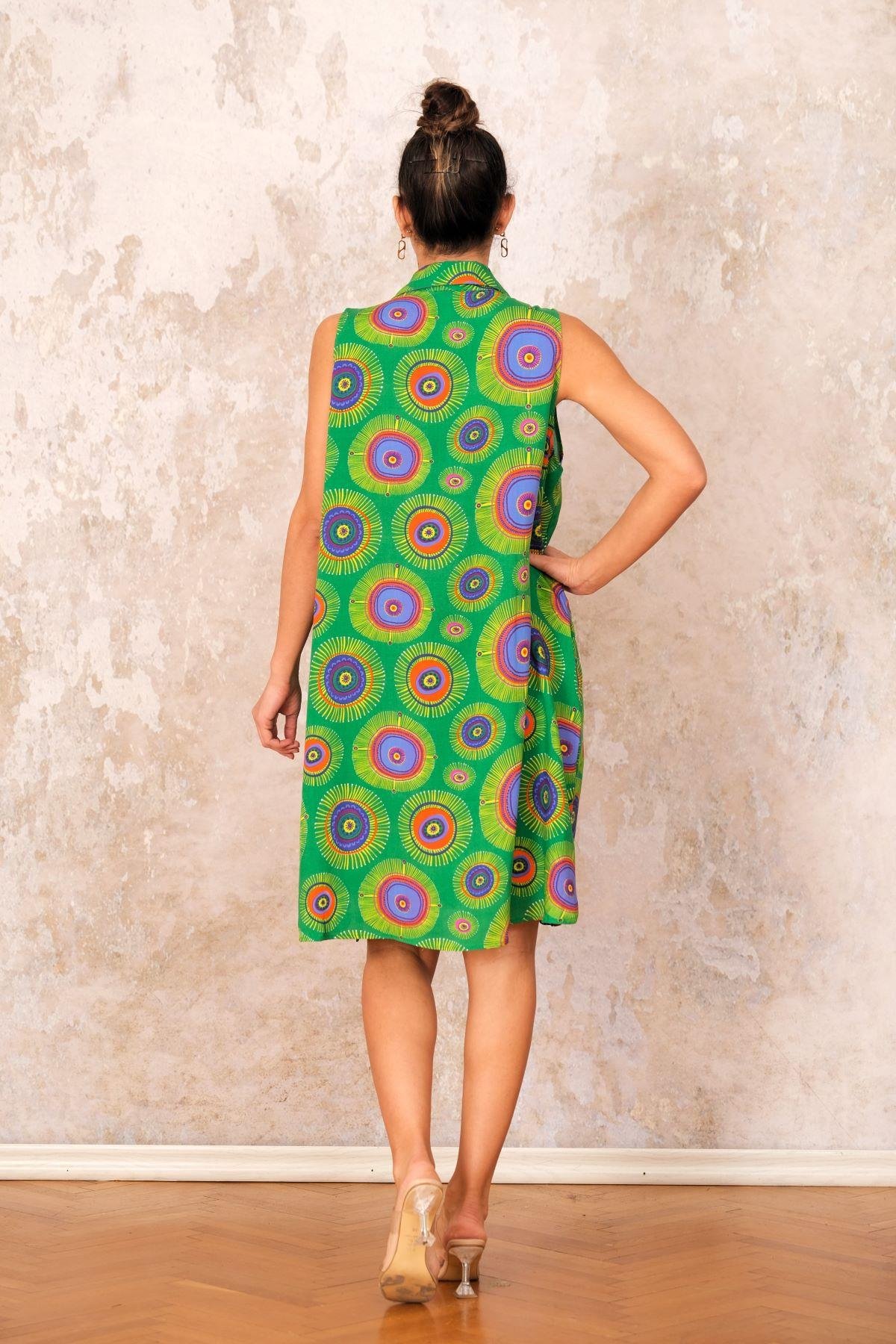 Yeşil Etnik Desenli Kolsuz Kısa Gömlek Elbise