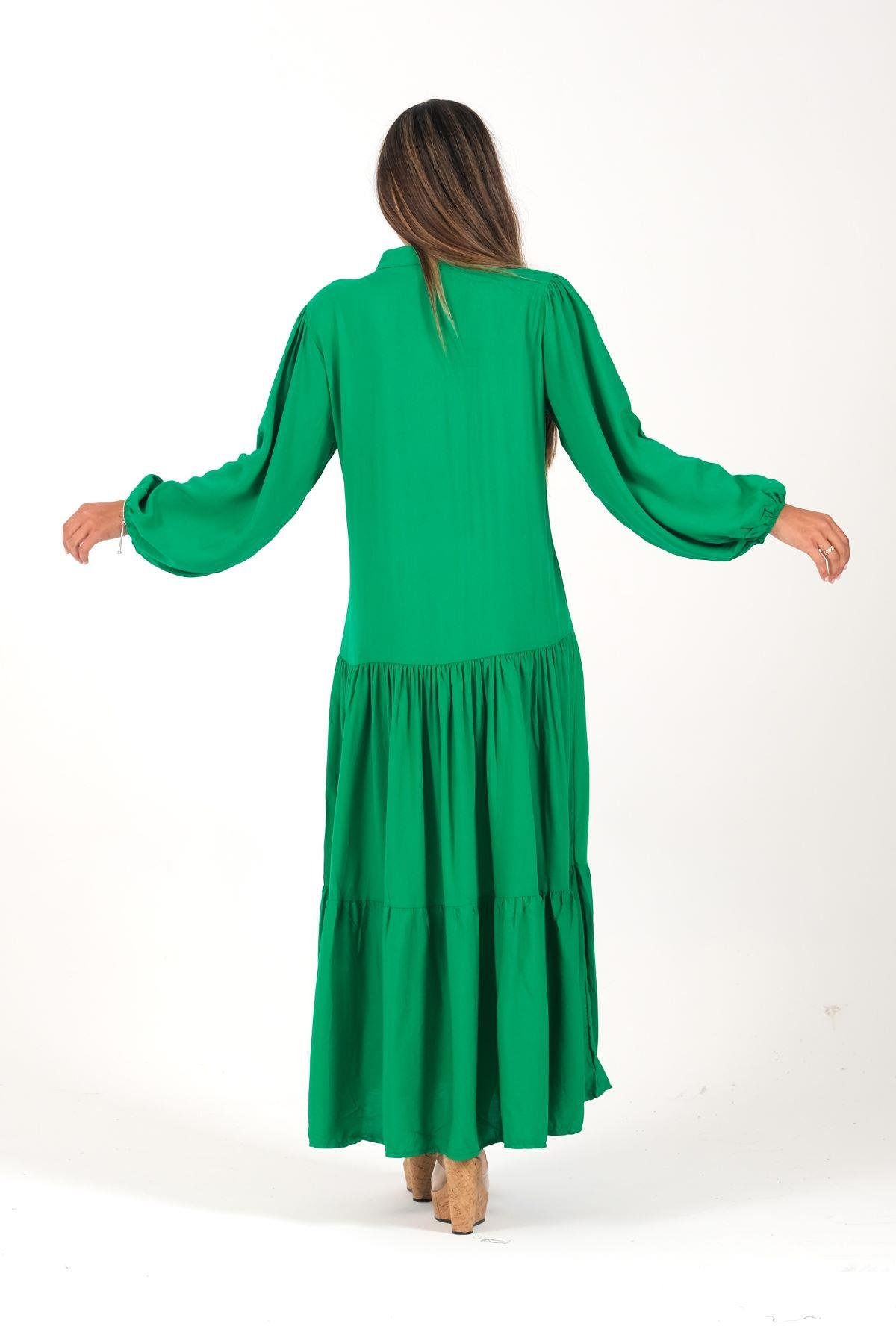 Yeşil Önü Nakışlı Balon Kol Eteği Kat Kat Uzun Elbise