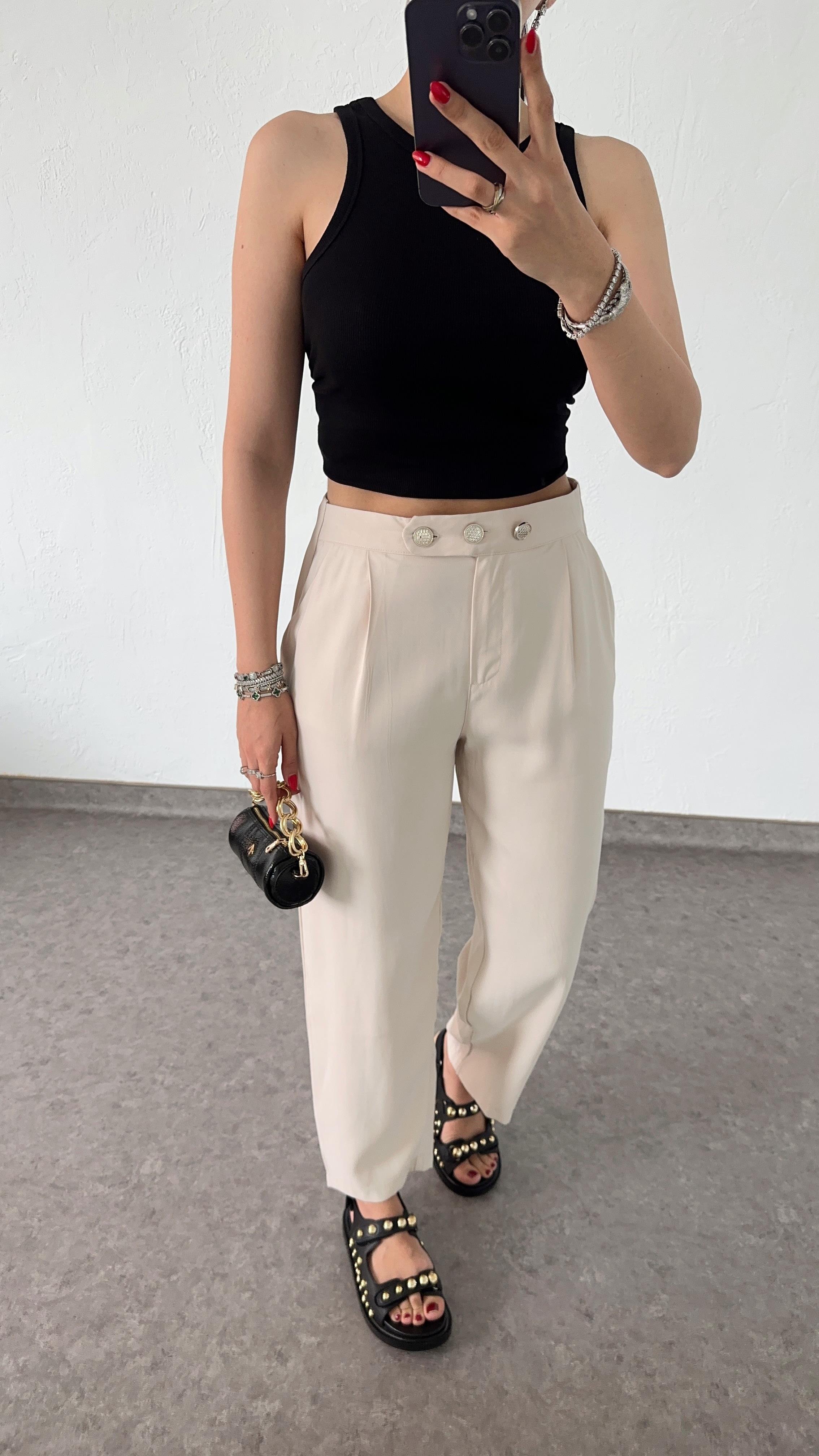 3 Düğmeli Tencel Krem Pantolon