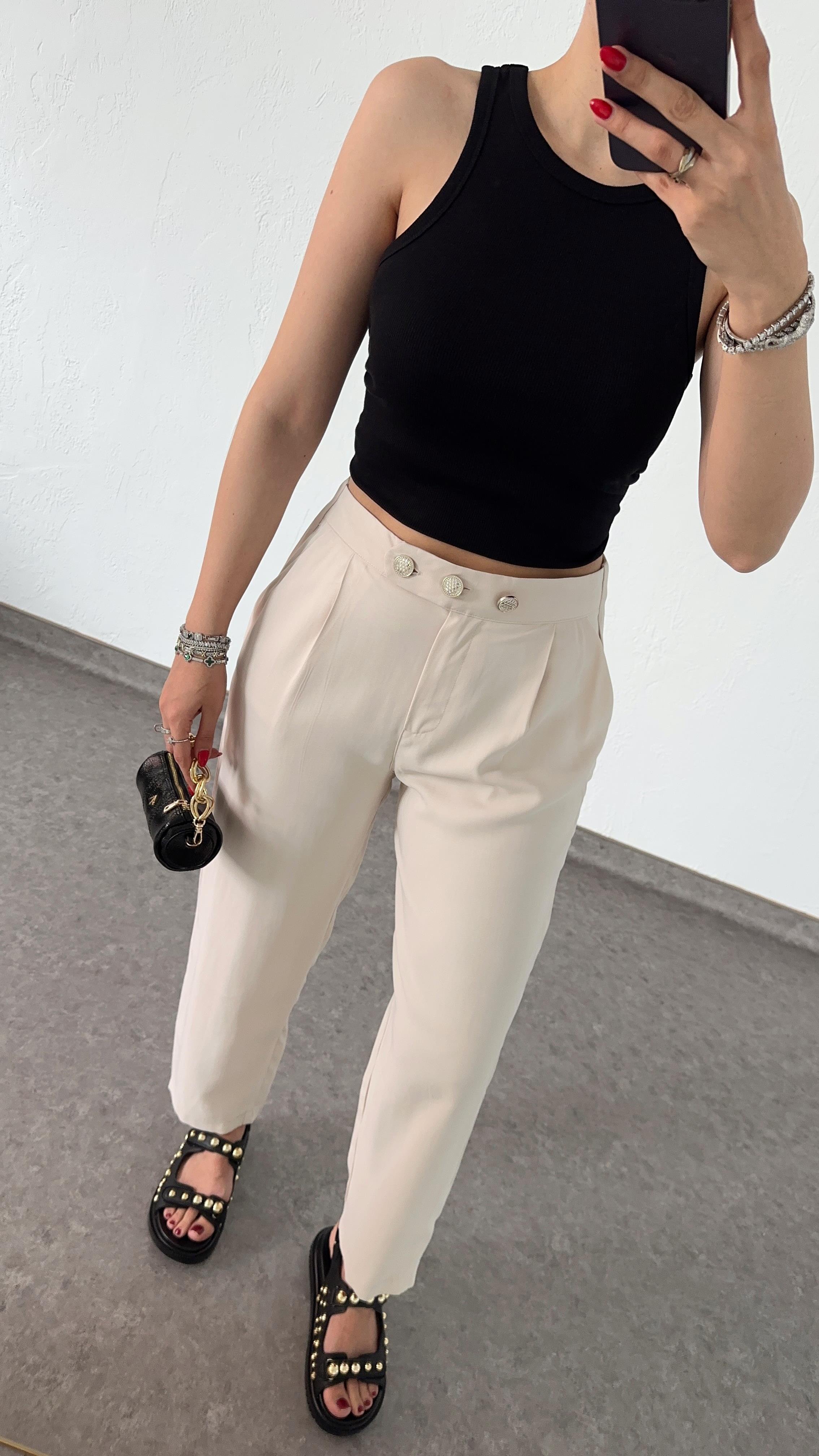 3 Düğmeli Tencel Krem Pantolon