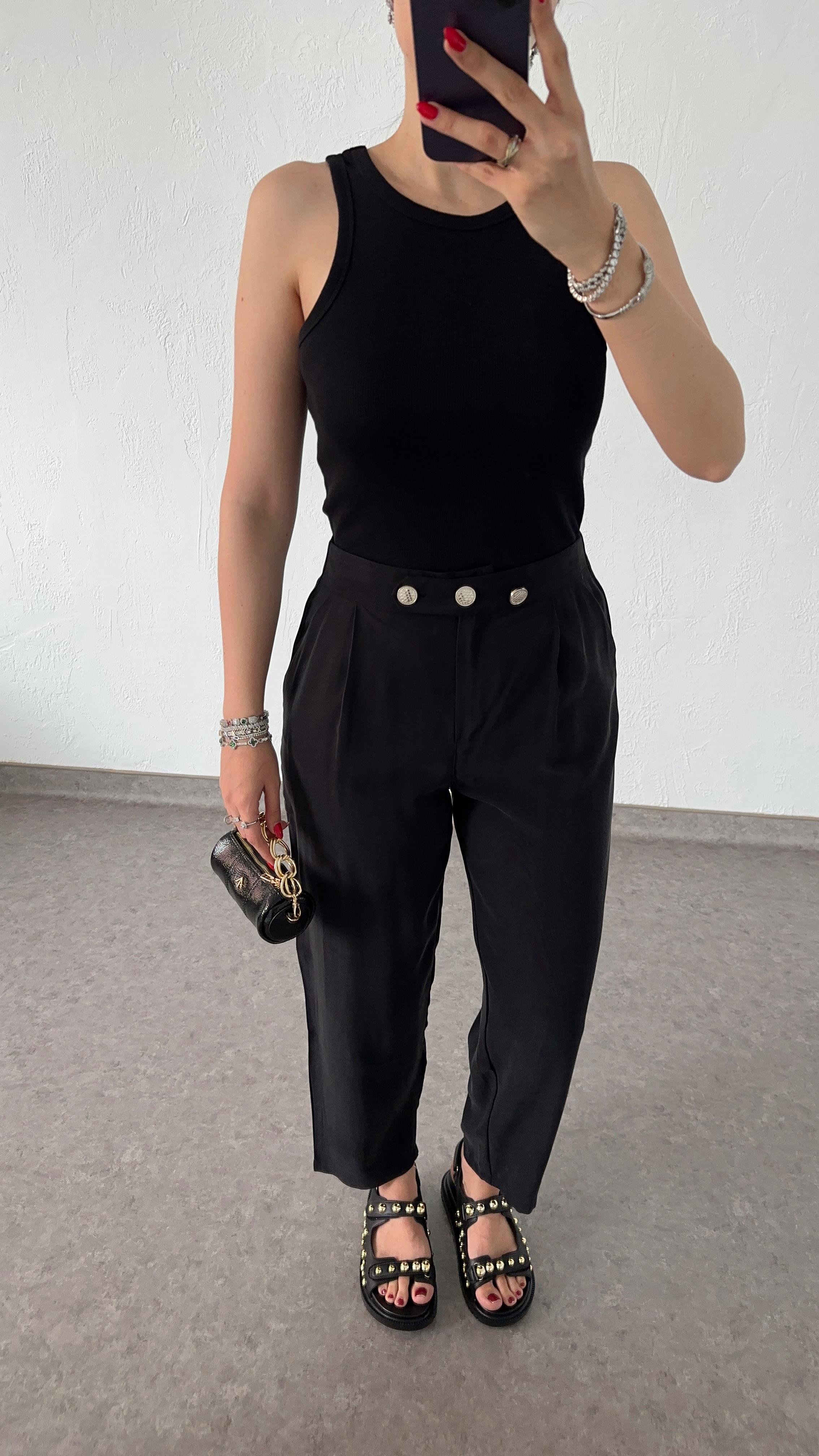 3 Düğmeli Tencel Siyah Pantolon