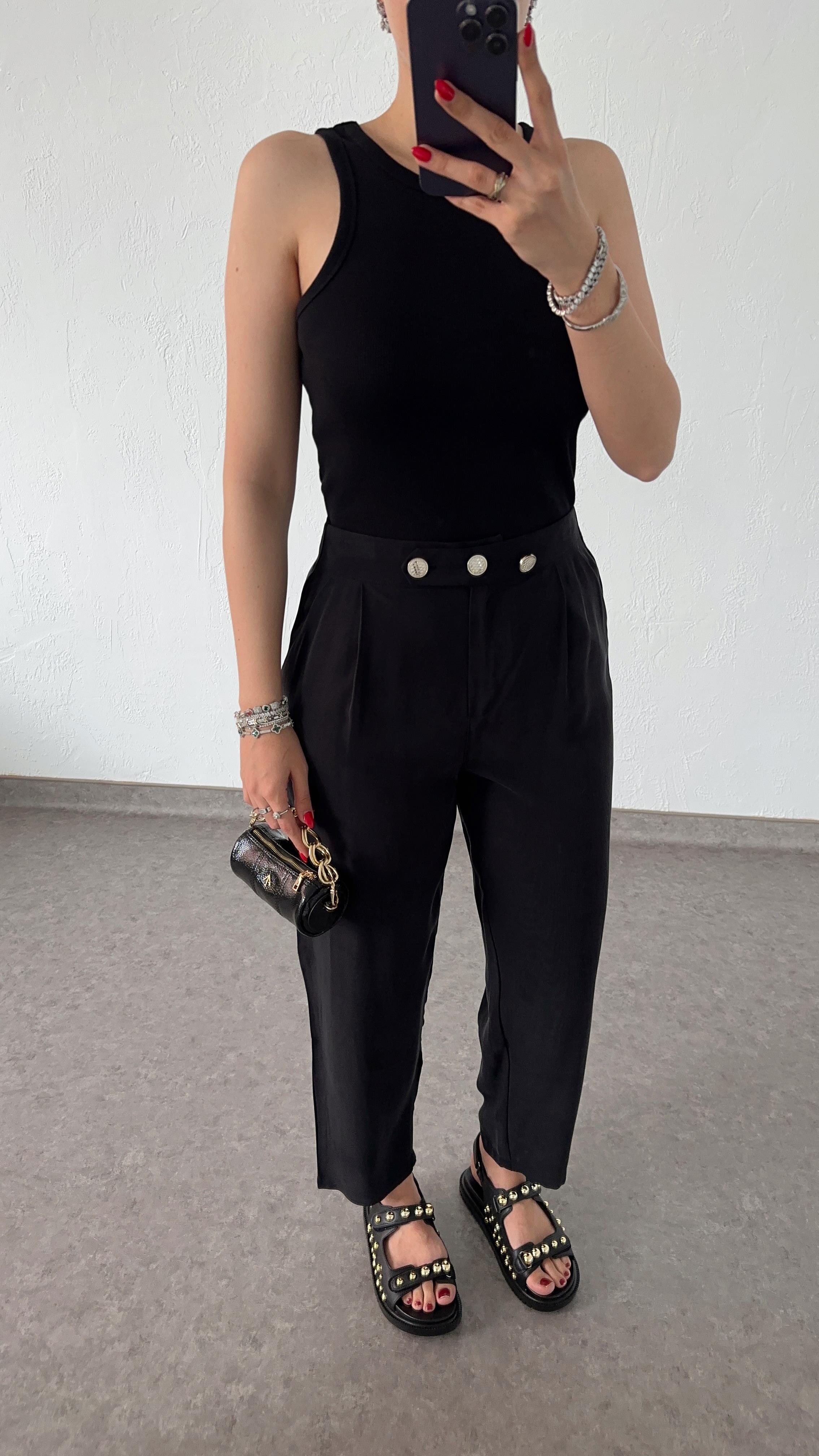 3 Düğmeli Tencel Siyah Pantolon