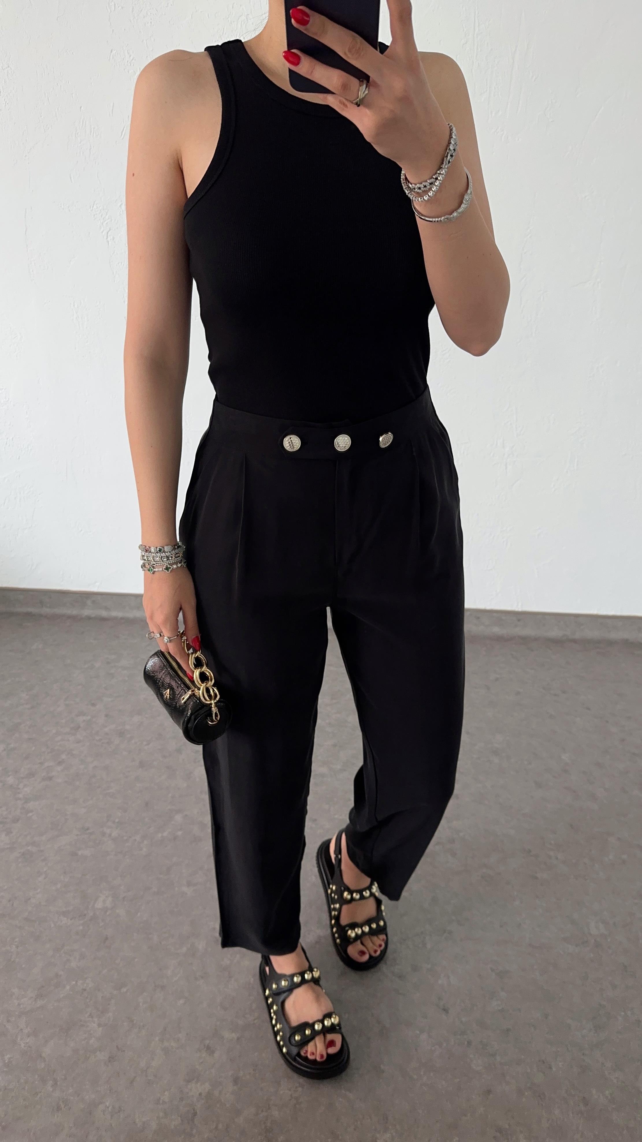 3 Düğmeli Tencel Siyah Pantolon