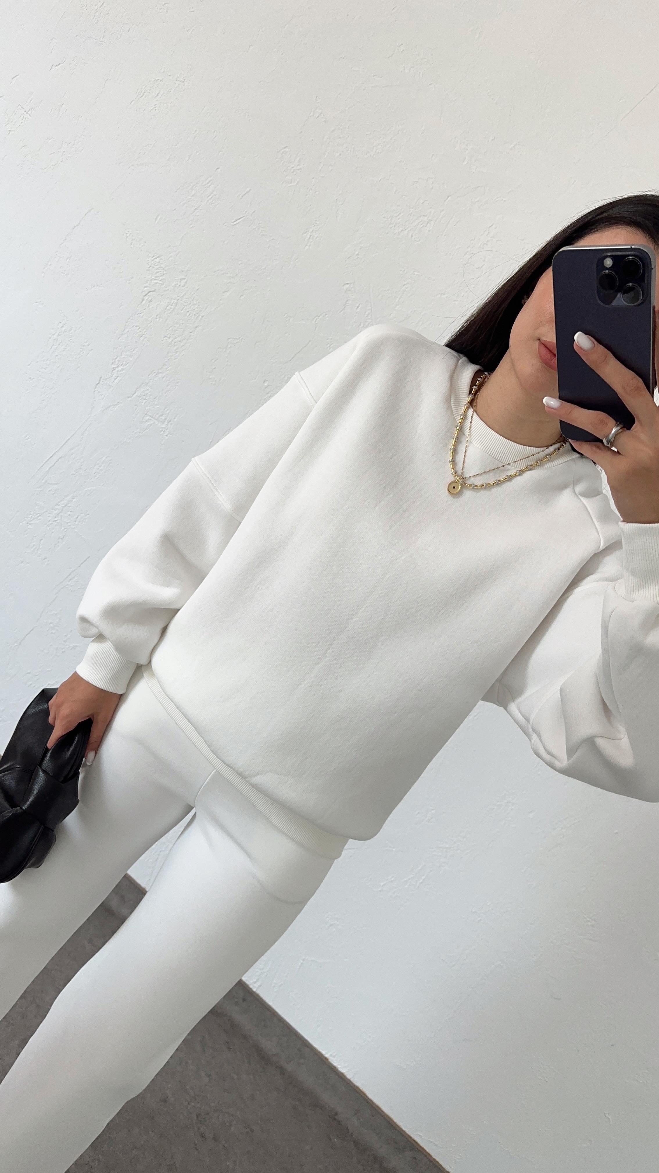 3 İplik Kol Dikişli Beyaz Basic Sweat