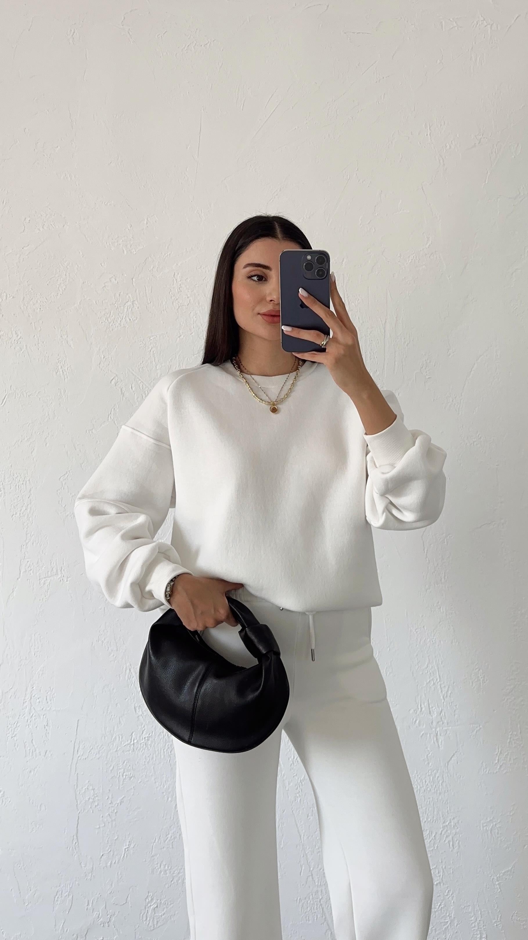 3 İplik Kol Dikişli Beyaz Basic Sweat