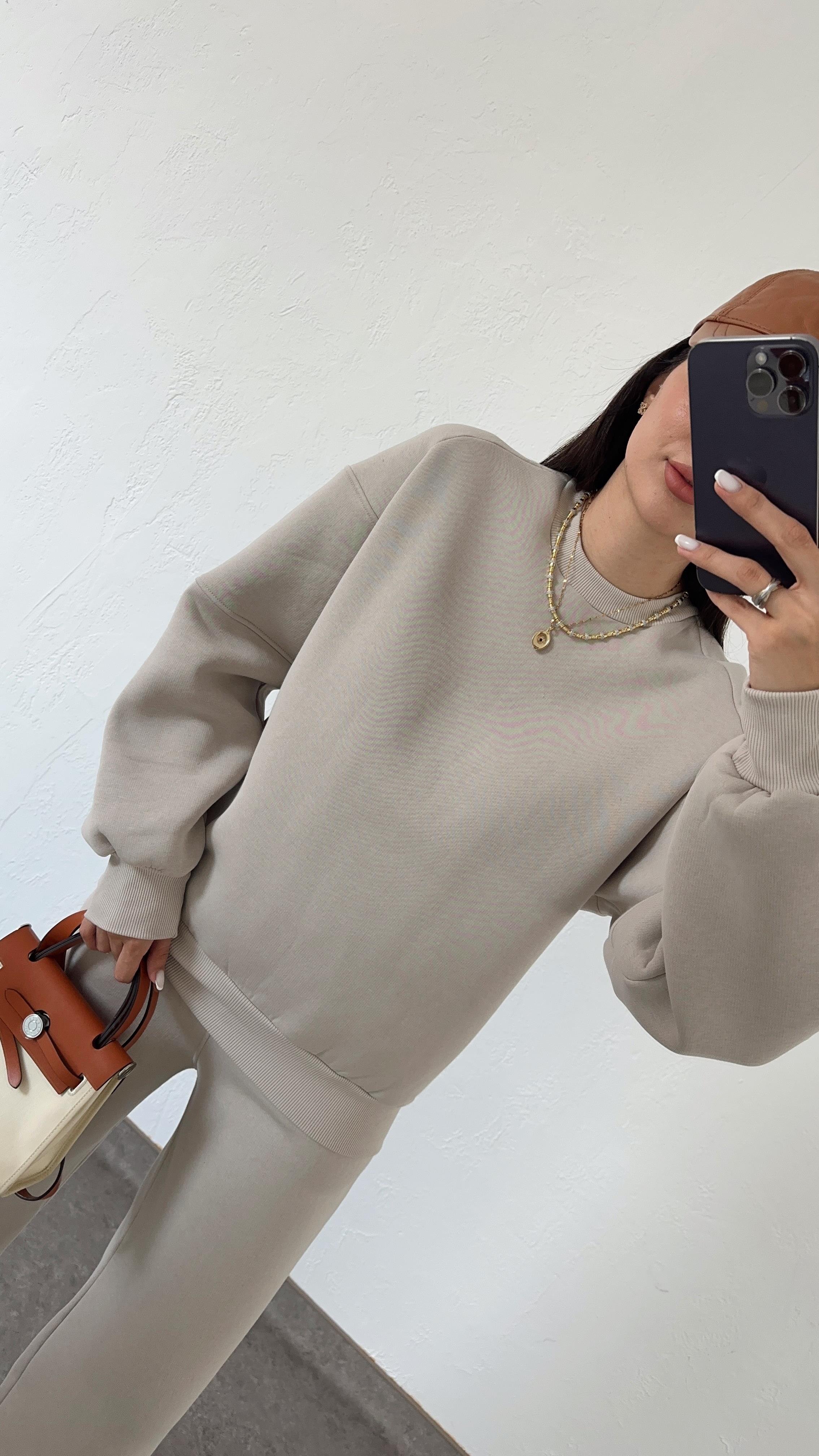 3 İplik Kol Dikişli Krem Basic Sweat