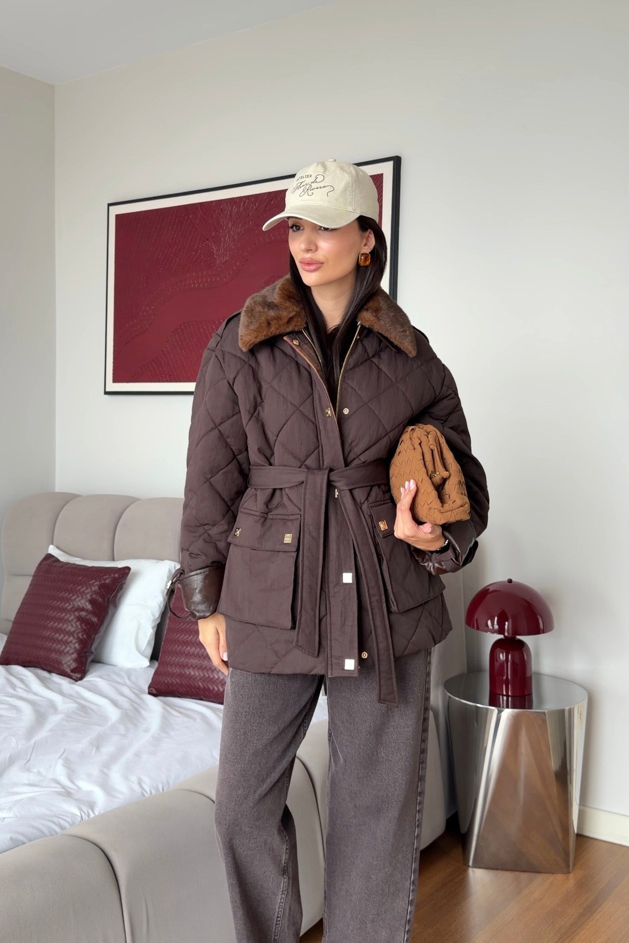 Acı Kahve Kapitone Kemerli Premium Mont