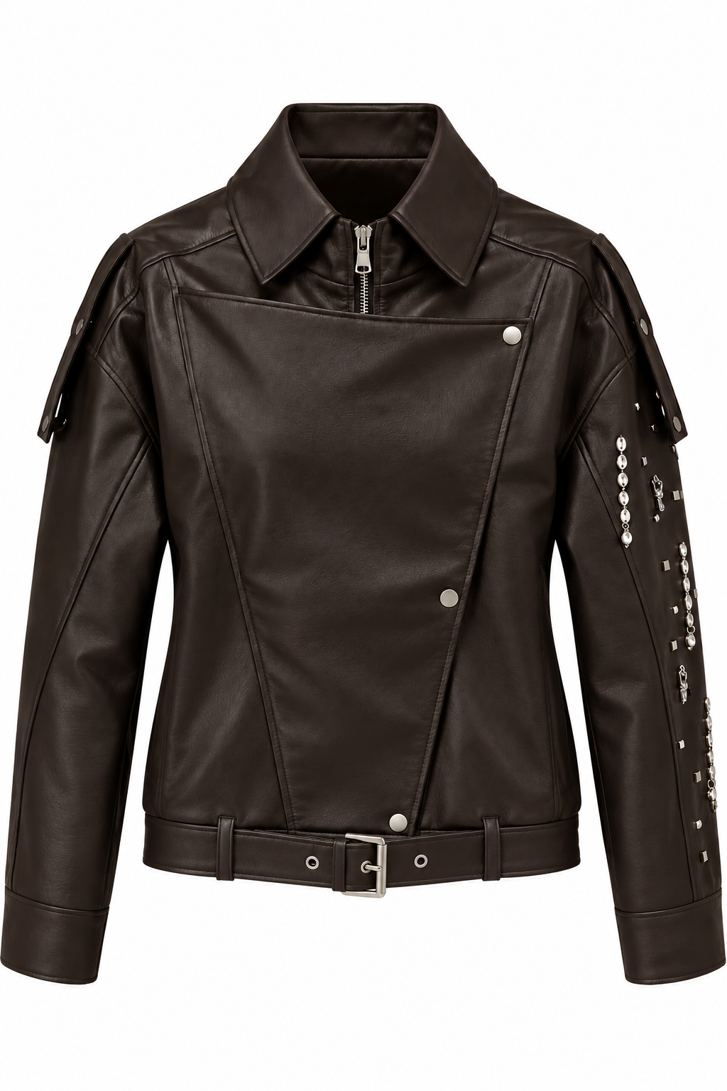 Acı Kahve Metal Zımba Ve Charm Detaylı Deri Ceket