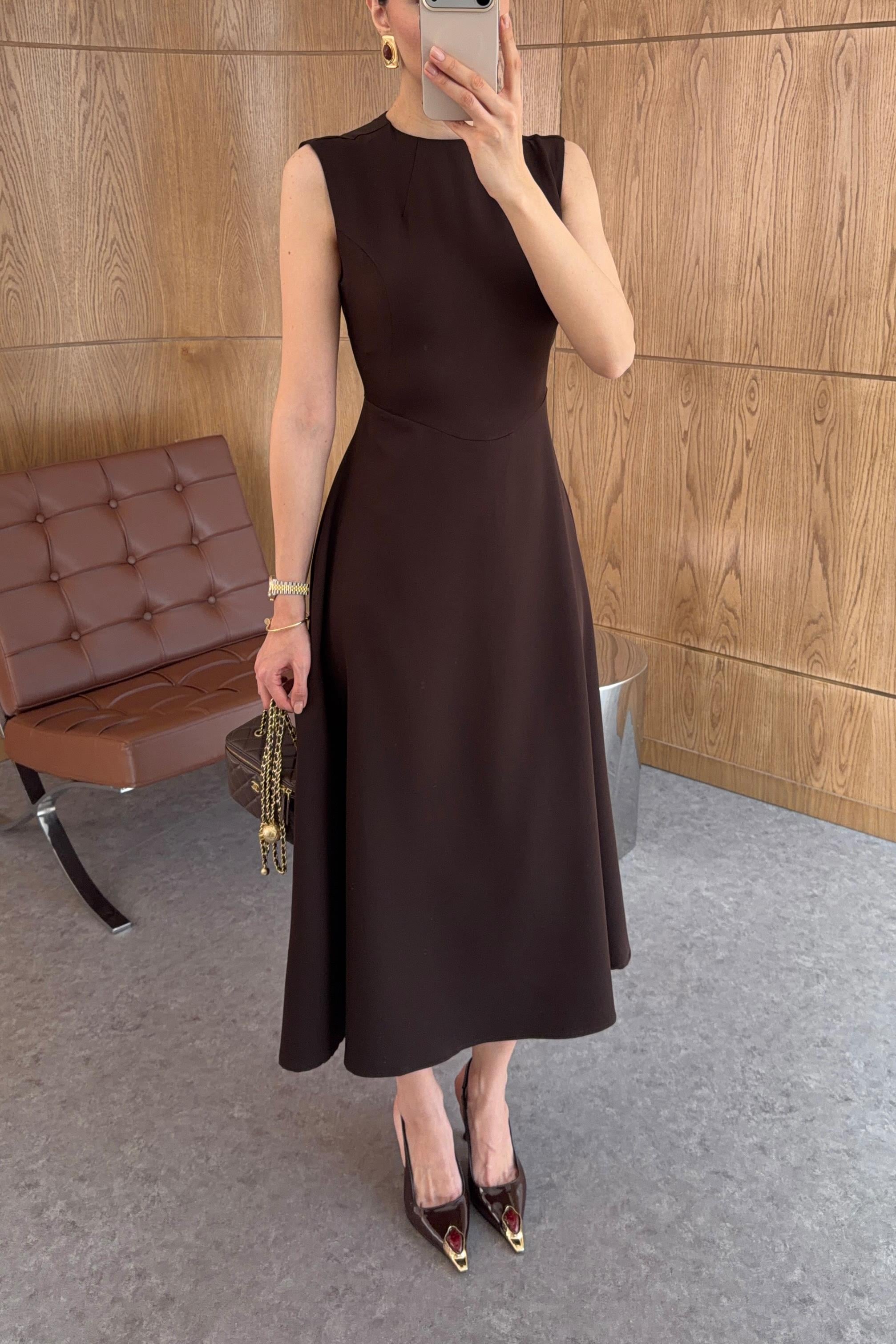 Acı Kahve Minimal Midi Elbise