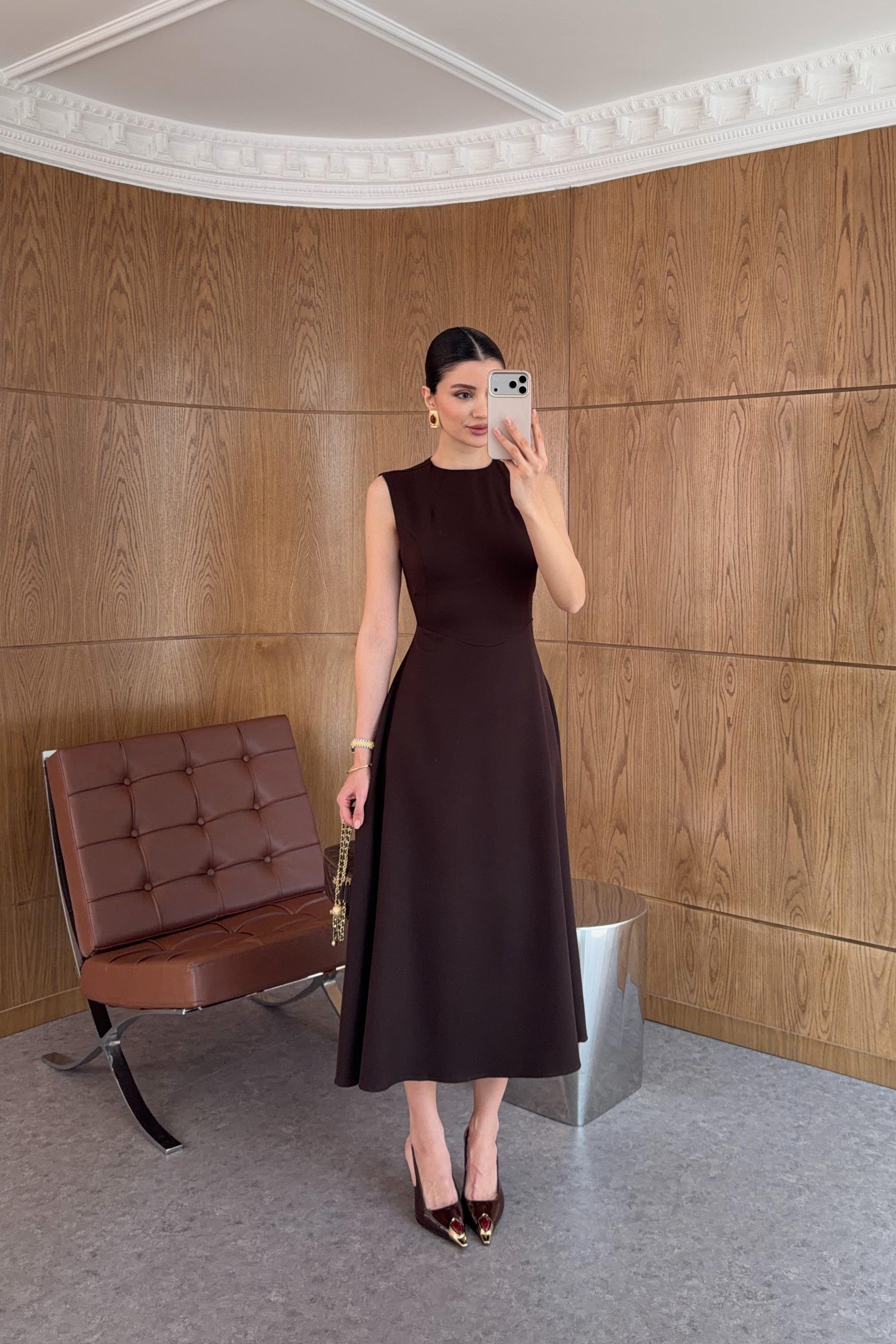 Acı Kahve Minimal Midi Elbise