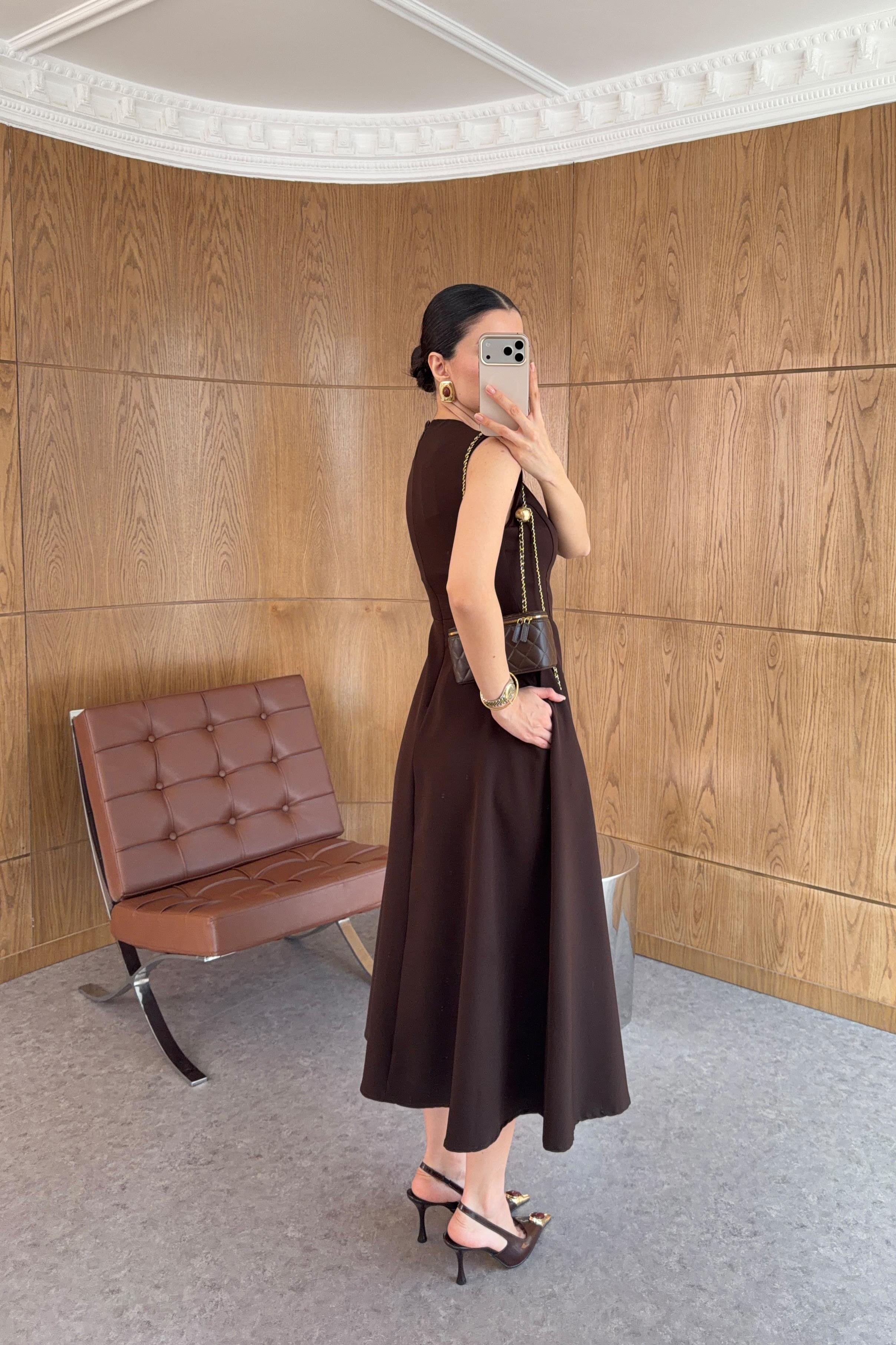 Acı Kahve Minimal Midi Elbise