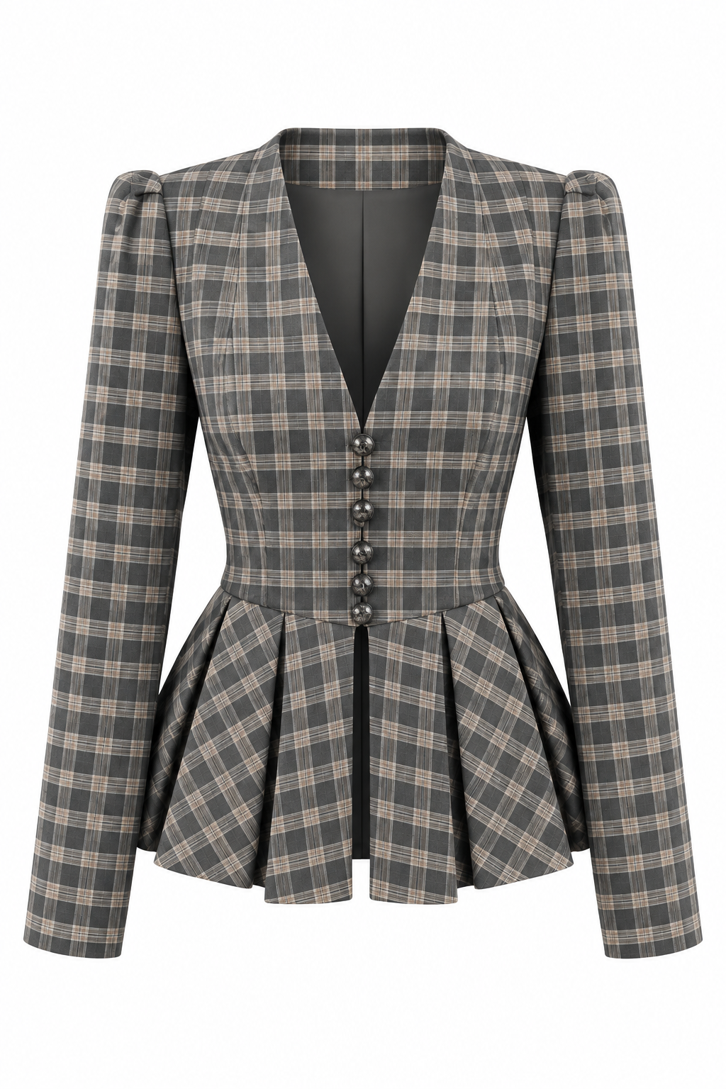 Antrasit Ekose Pileli Peplum Ceket